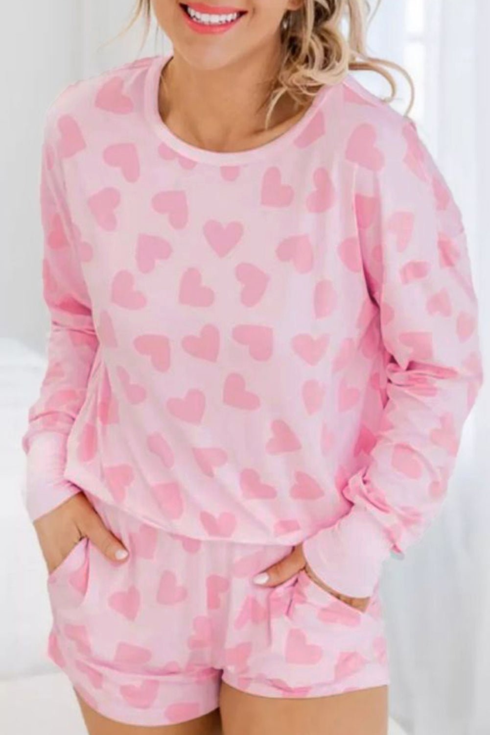Pink Valentine Heart Shape Print Long Sleeve Top Shorts Lounge Set - Naughty Girl Essentials