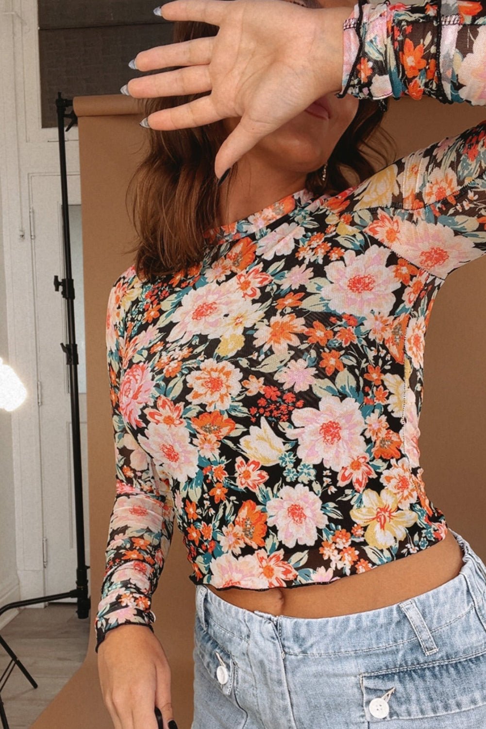 Orange Floral Mesh Slim Long Sleeve Crop Top - Naughty Girl Essentials
