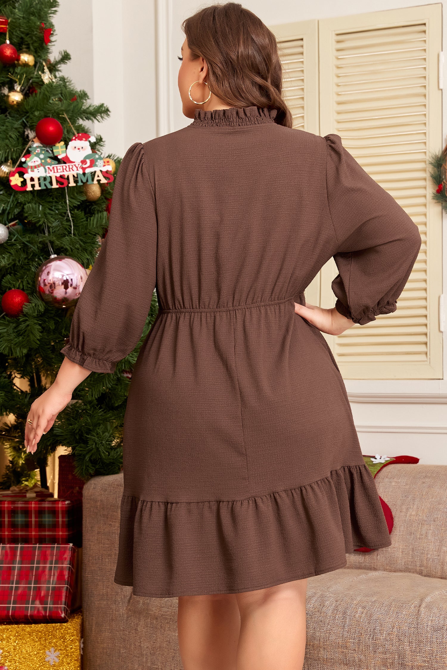 Coffee Plus Size Frilled Trim V-Neck Puff Sleeve Textured Mini Dress