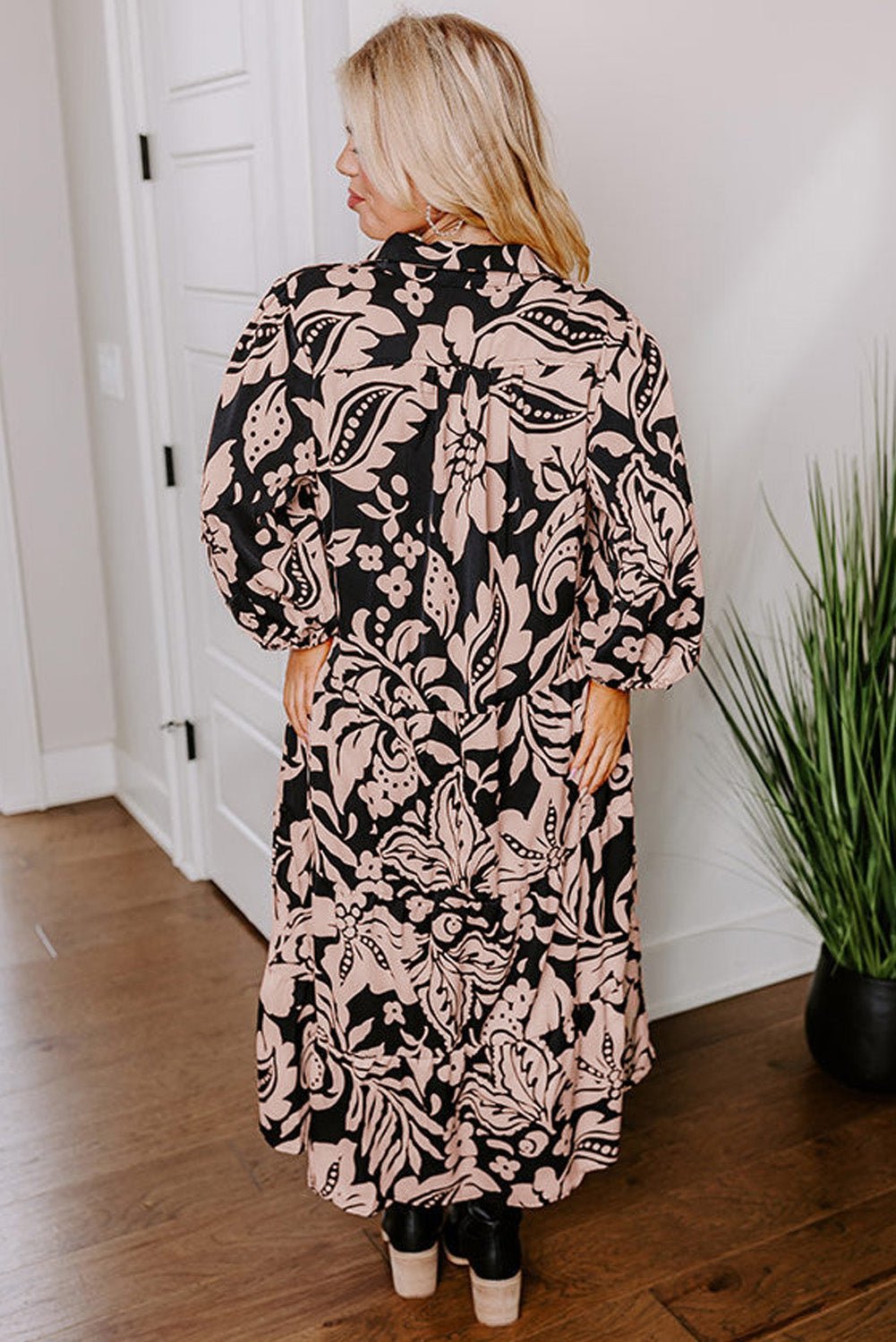 Black Plus Size Floral Printed Puff Sleeve Collared Maxi Dress - Naughty Girl Essentials