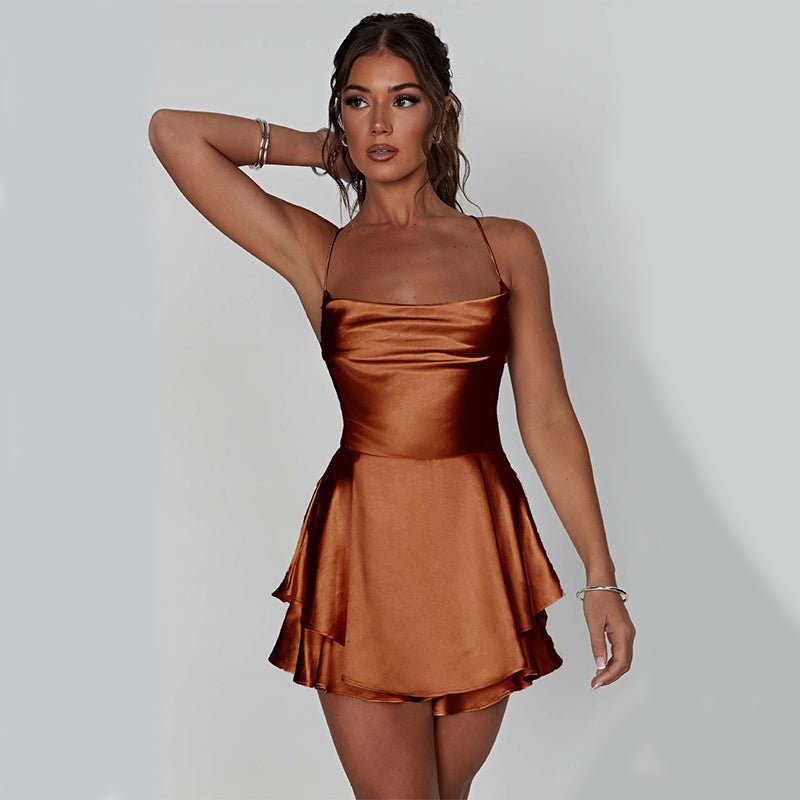 Slim Strap Satin Backless Lace Up A - Line Short Dress - Naughty Girl Essentials