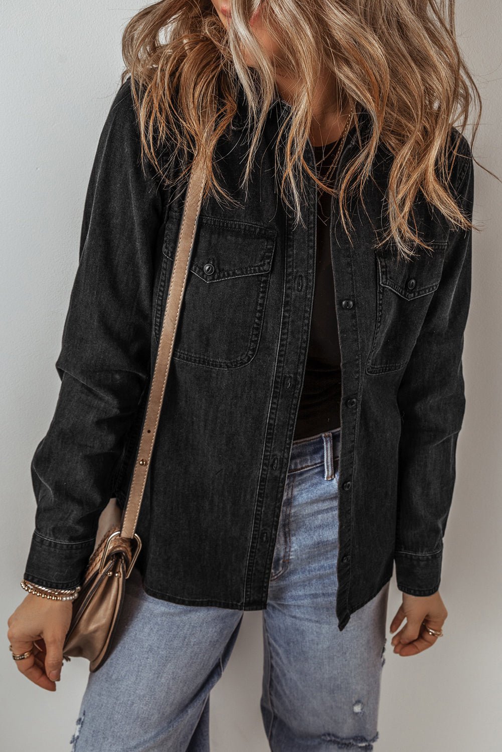 Black Flap Pocket Buttons Collared Jean Jacket - Naughty Girl Essentials