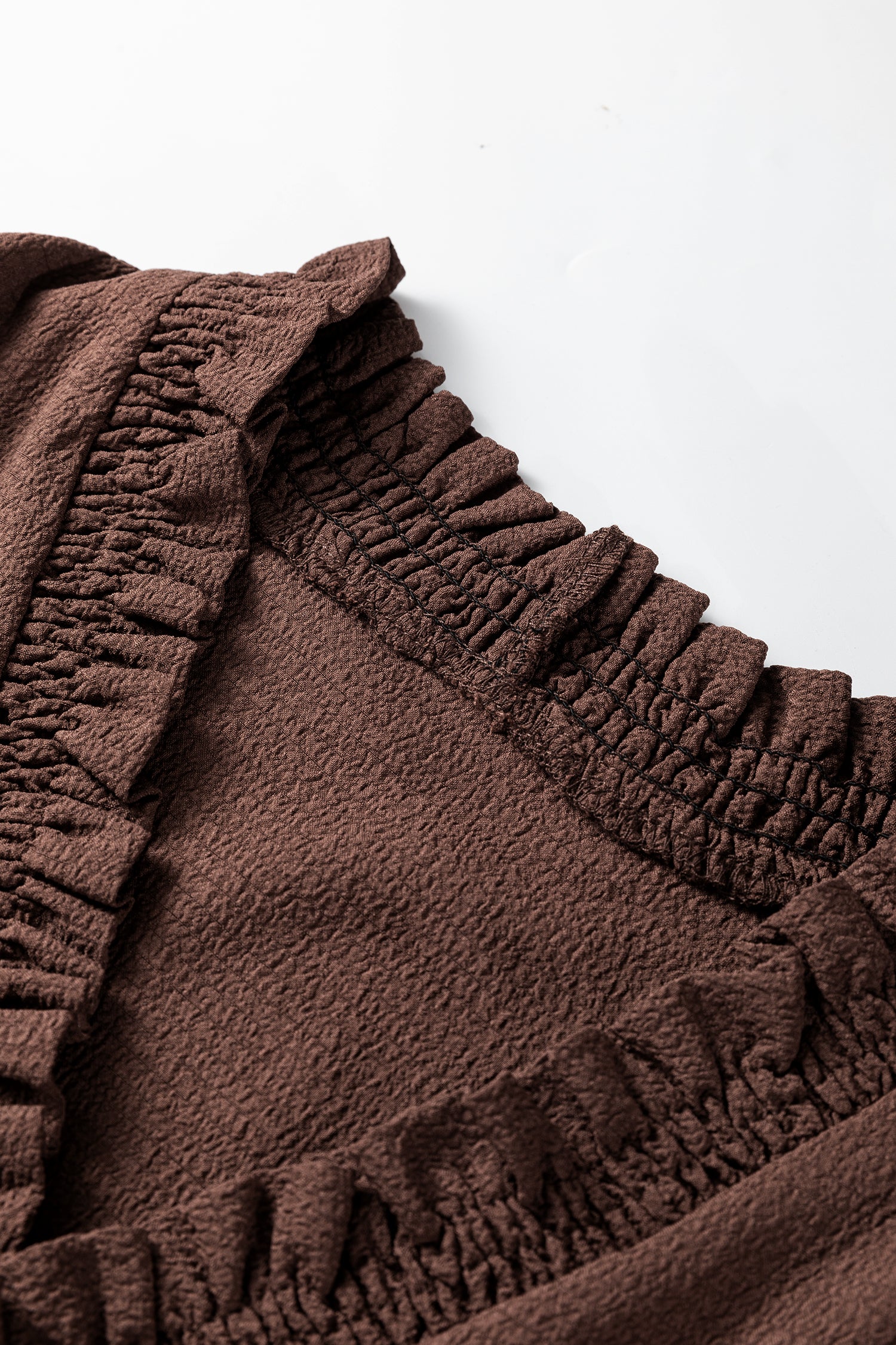 Coffee Plus Size Frilled Trim V-Neck Puff Sleeve Textured Mini Dress