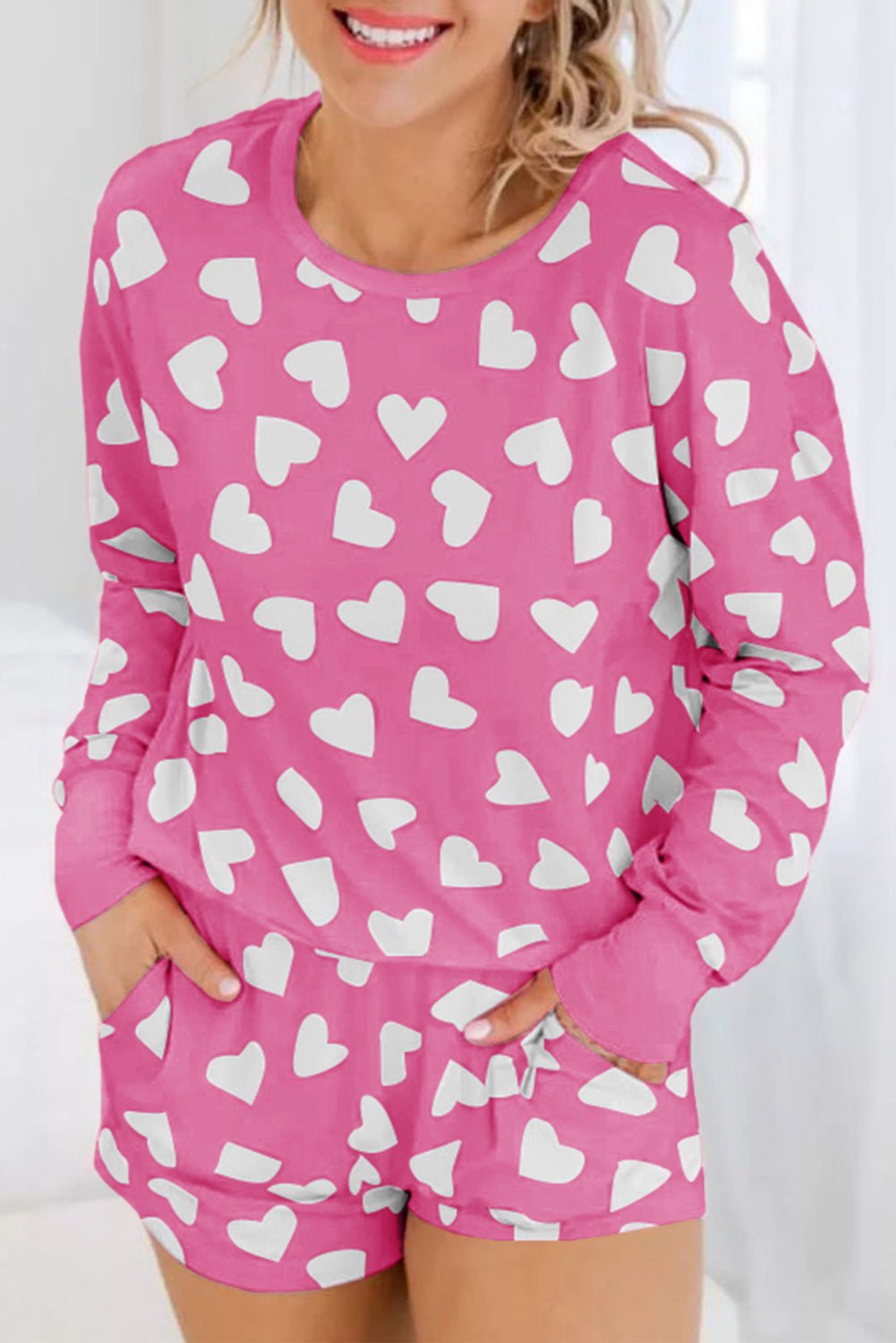 Pink Valentine Heart Shape Print Long Sleeve Top Shorts Lounge Set - Naughty Girl Essentials