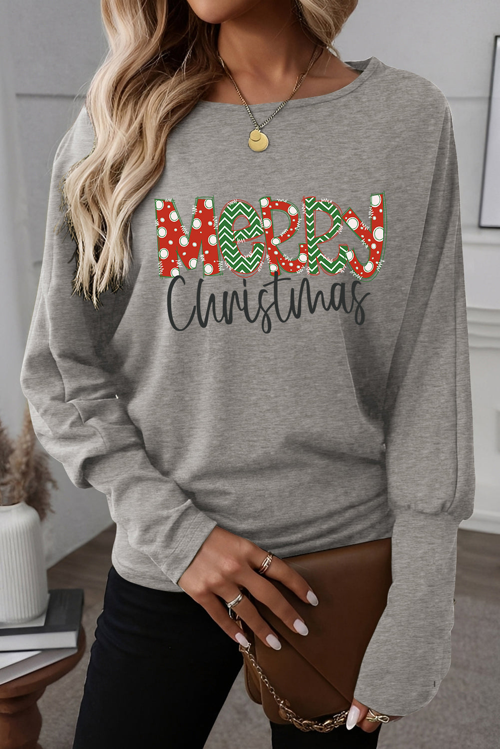 Light Grey “Merry Christmas” Graphic Dolman Long Sleeve Top