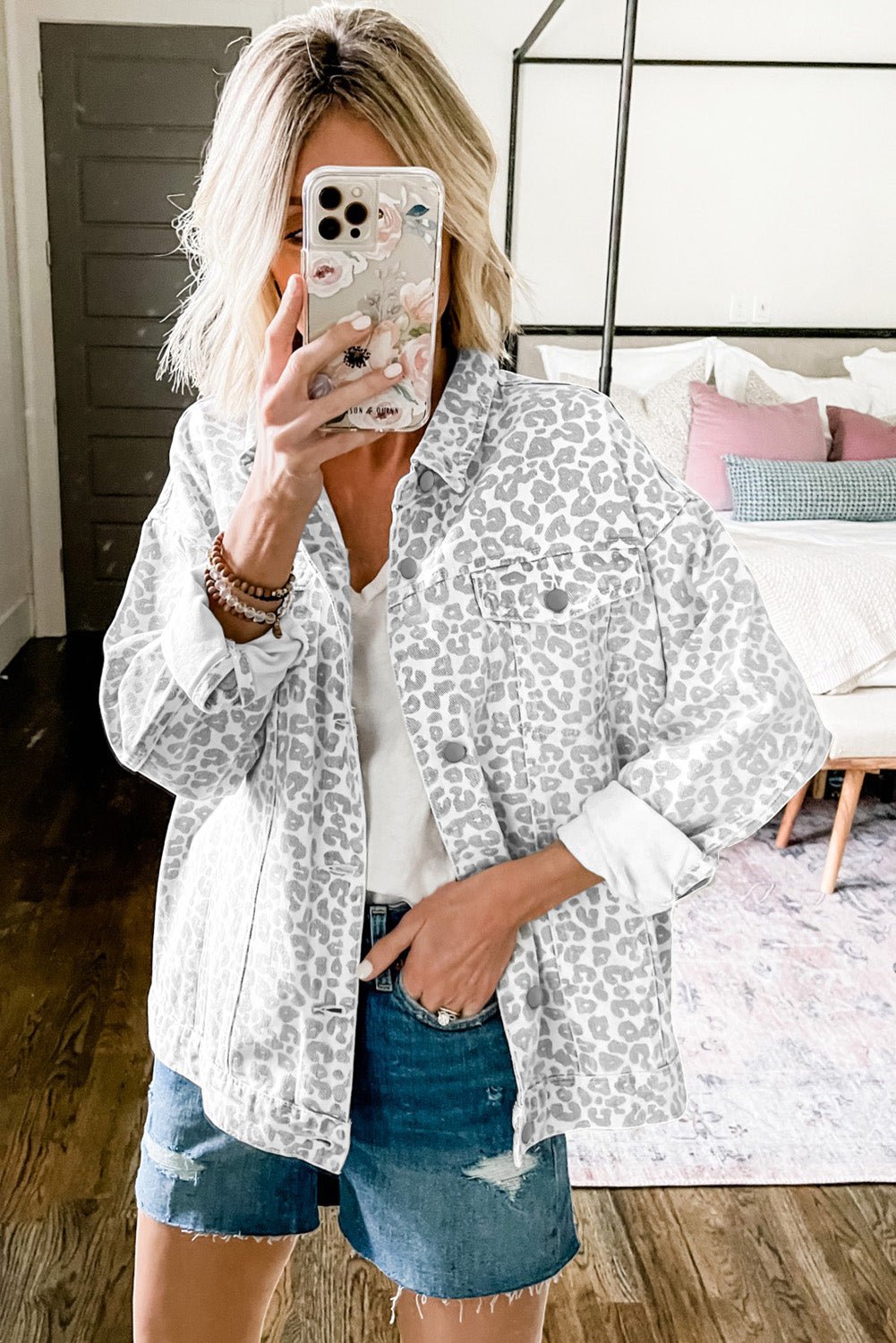 White Leopard Printed Flap Pocket Denim Jacket - Naughty Girl Essentials