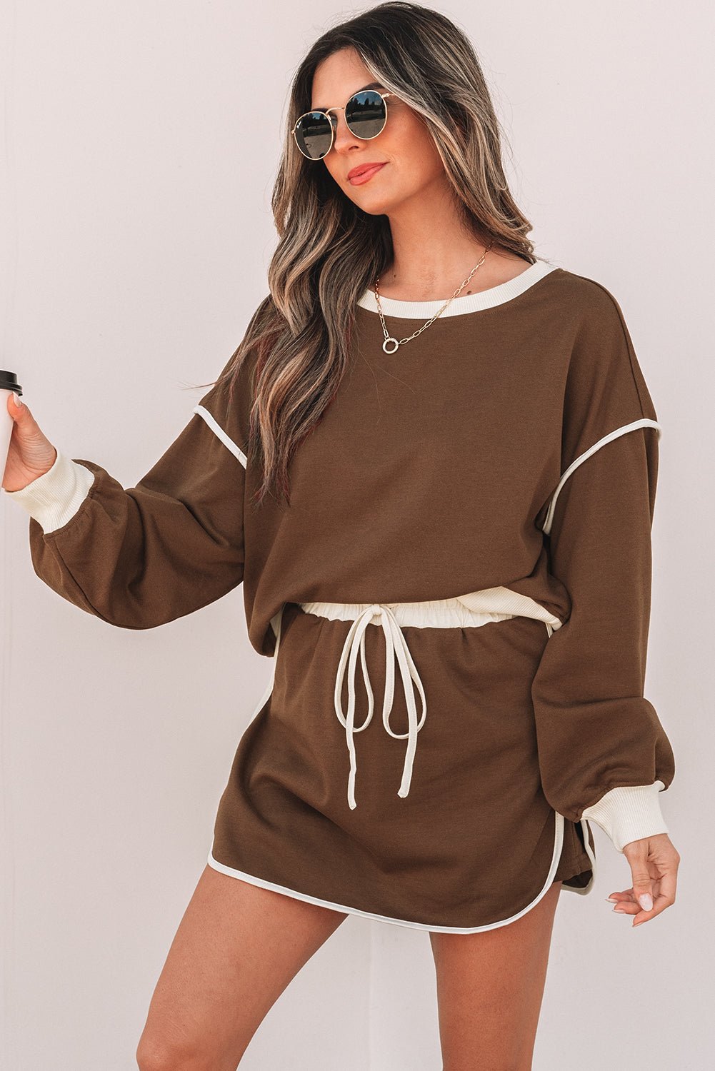 Black Color Contrast Loose Pullover and Lace - up Waist Skort Set - Naughty Girl Essentials