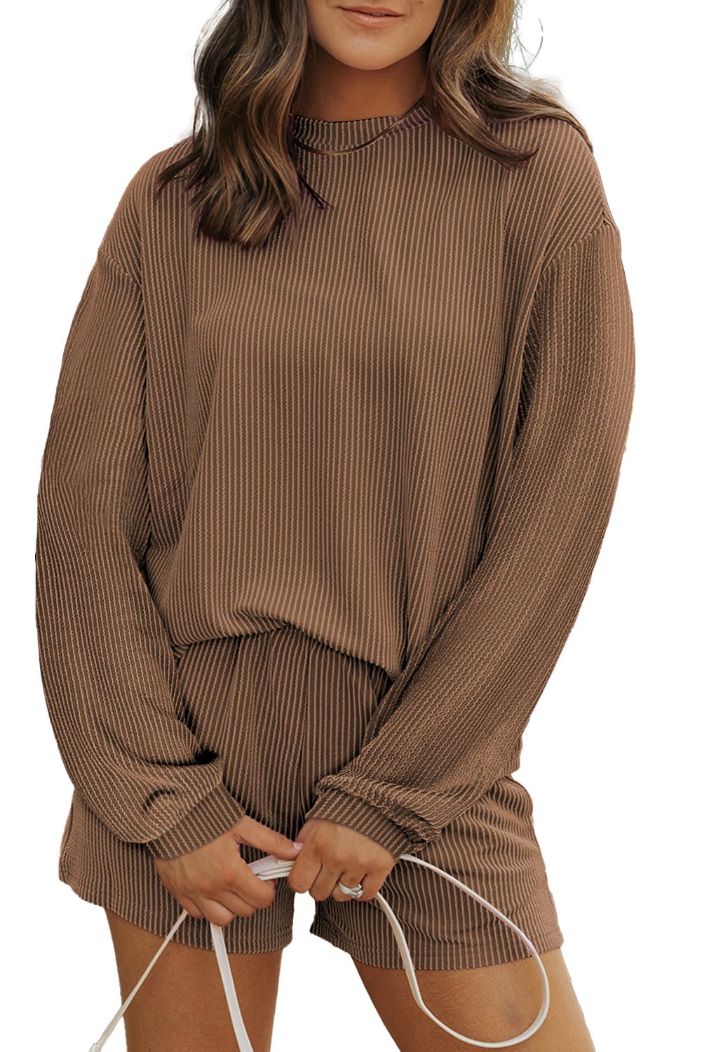 Chestnut Corded Knit Long Sleeve Top and High Waist Shorts Set - Naughty Girl Essentials