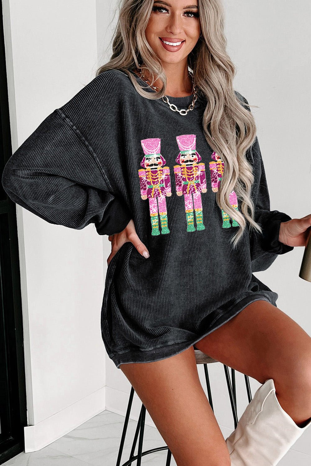 Black Christmas Sequined Nutcrackers Mineral Wash Corded Sweatshirt - Naughty Girl Essentials