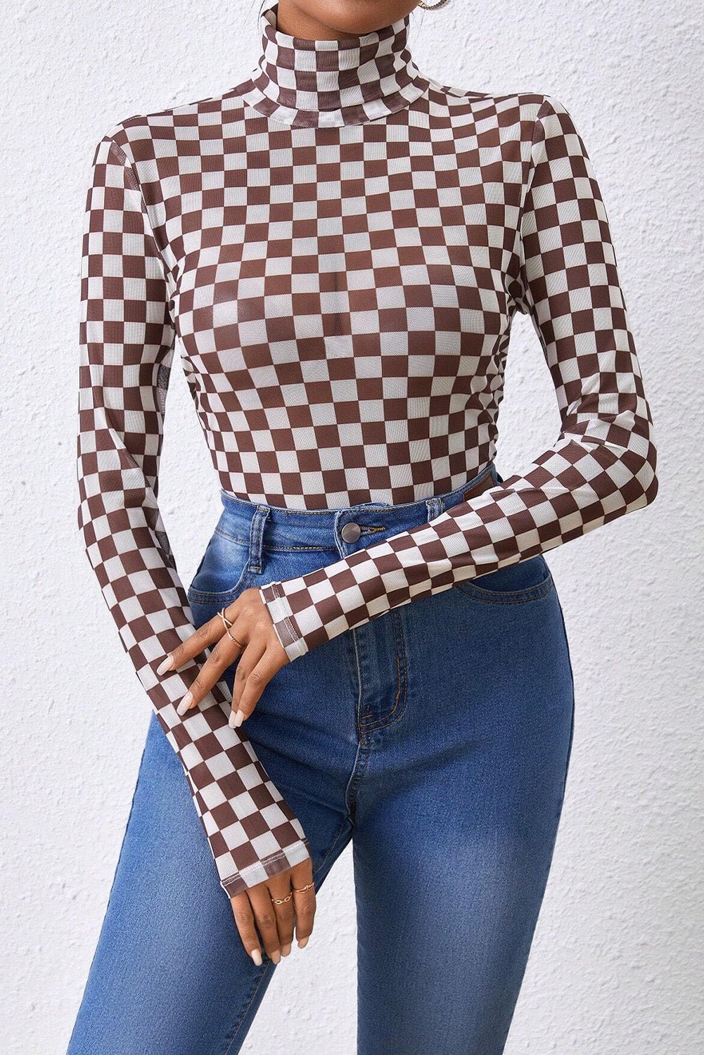 Brown Checkered Printed Long Sleeve High Neck Bodysuit - Naughty Girl Essentials