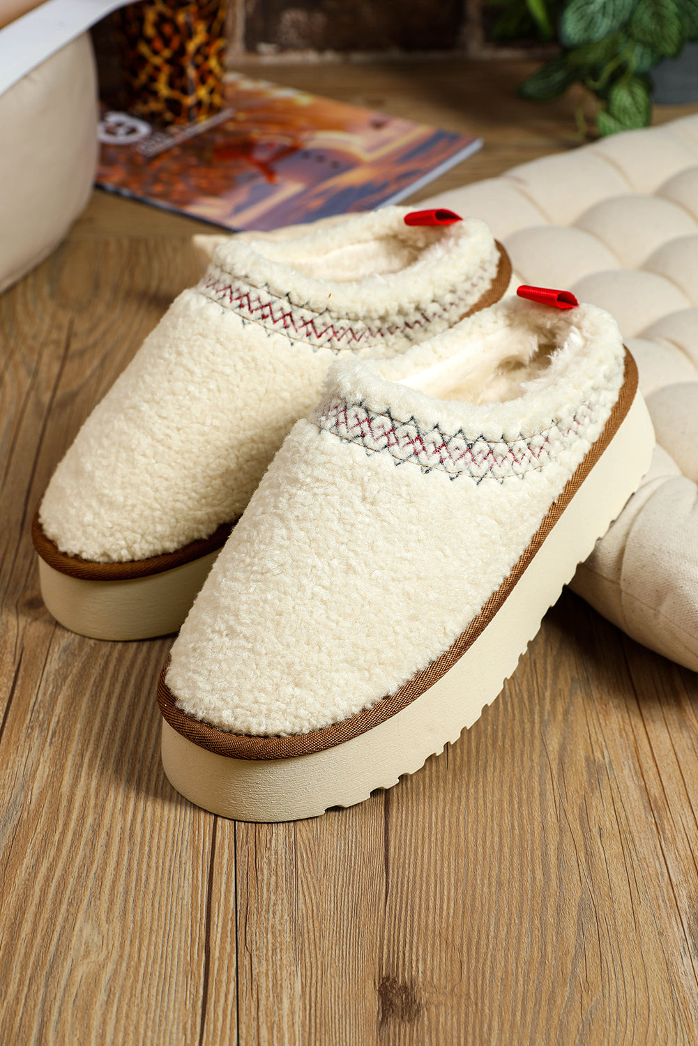 Chestnut Embroidered Sherpa Plush Thick Sole Snow Boots