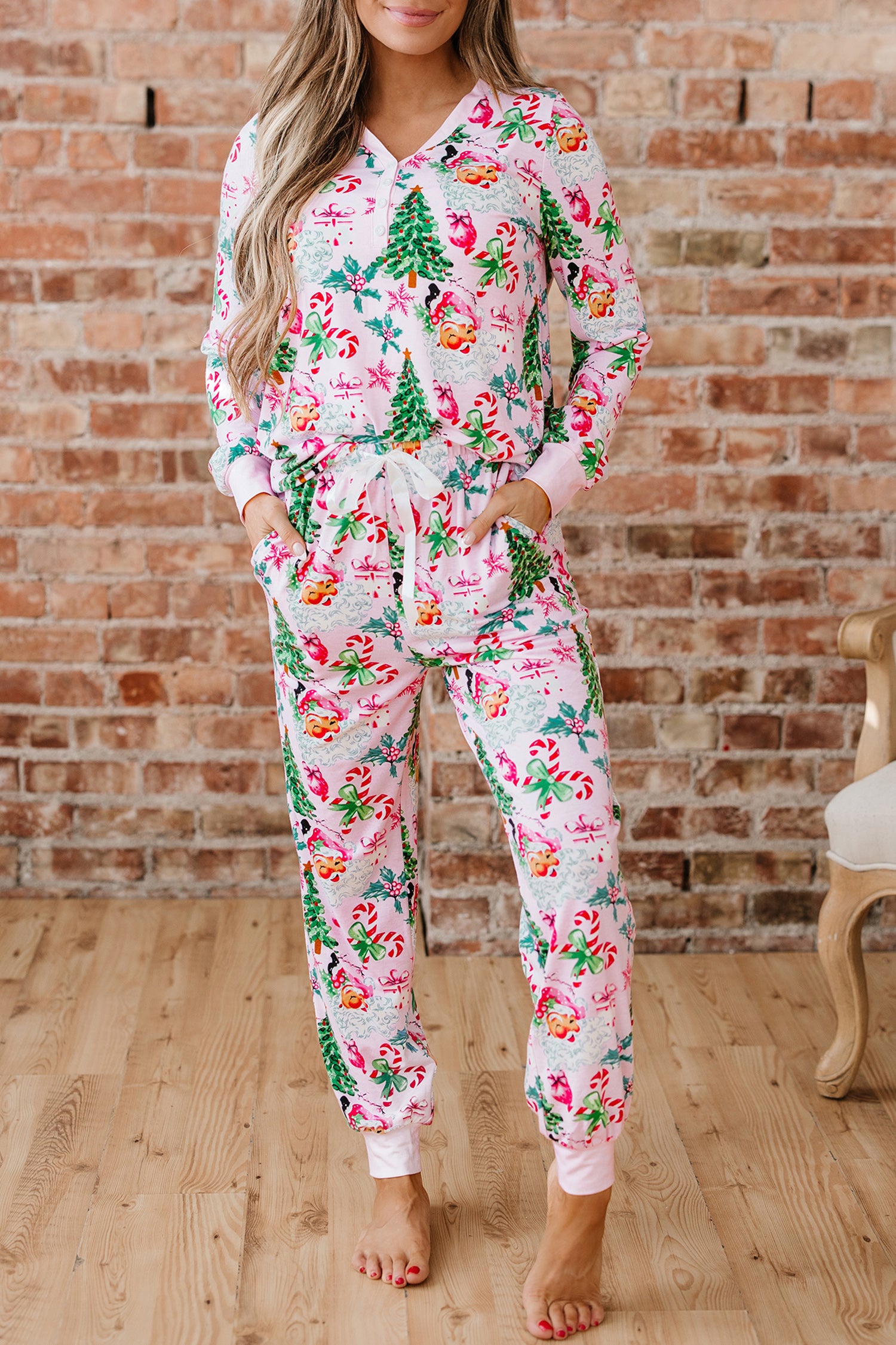 Pink Christmas Pattern Button V-Neck Pullover & Drawstring Pants Lounge Set – 2 Piece