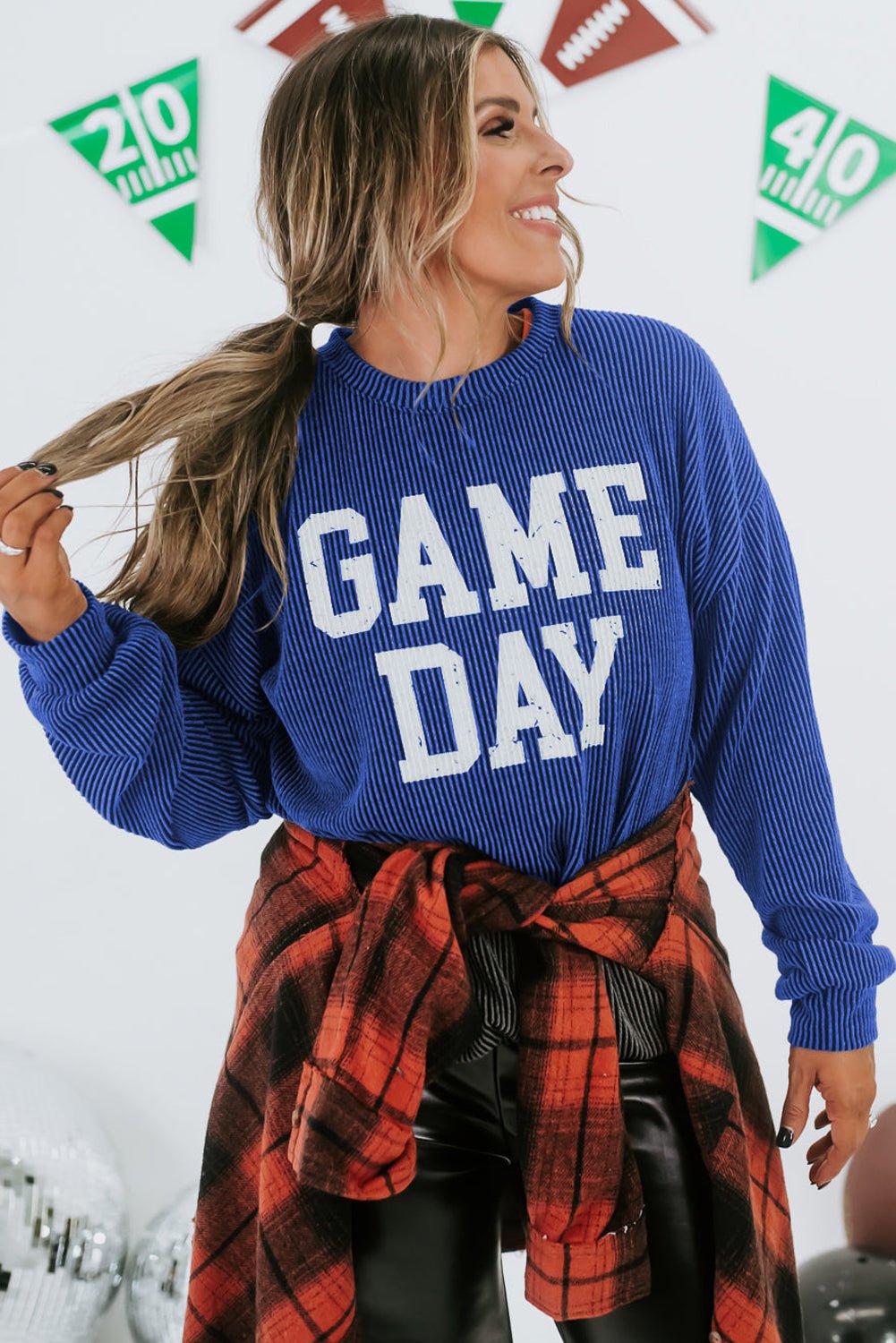 Bluing Corded GAME DAY Graphic Long Sleeve Crewneck Top - Naughty Girl Essentials