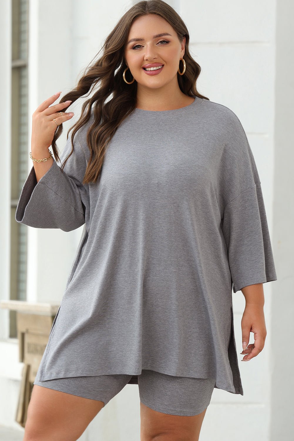 Light Grey Solid Color Loose Tunic Top and Slim Shorts Set - Naughty Girl Essentials