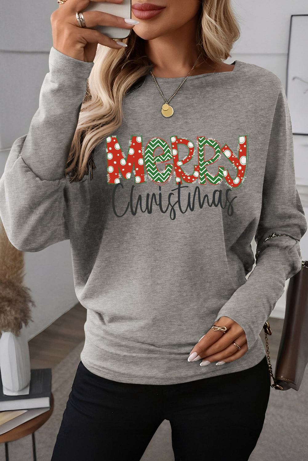 Light Grey “Merry Christmas” Graphic Dolman Long Sleeve Top