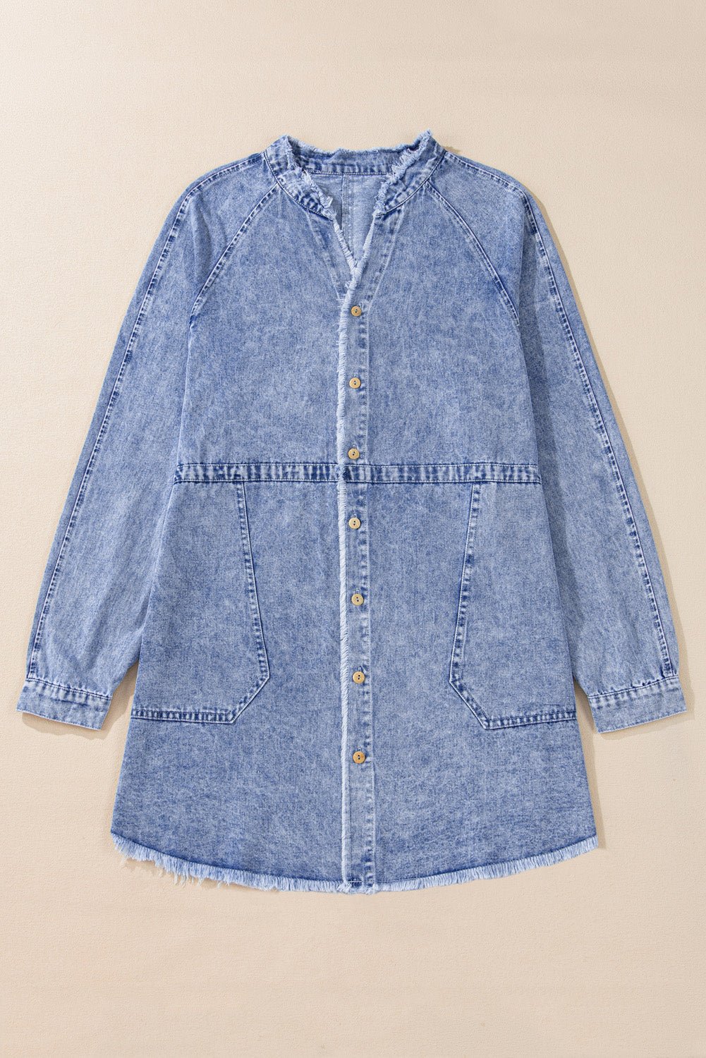 Beau Blue Mineral Wash Long Sleeve Button Up Raw Hem Pocketed Denim Dress - Naughty Girl Essentials