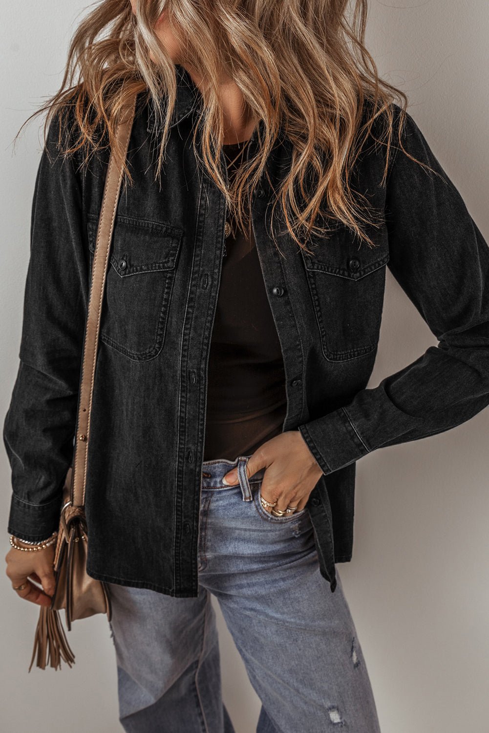 Black Flap Pocket Buttons Collared Jean Jacket - Naughty Girl Essentials
