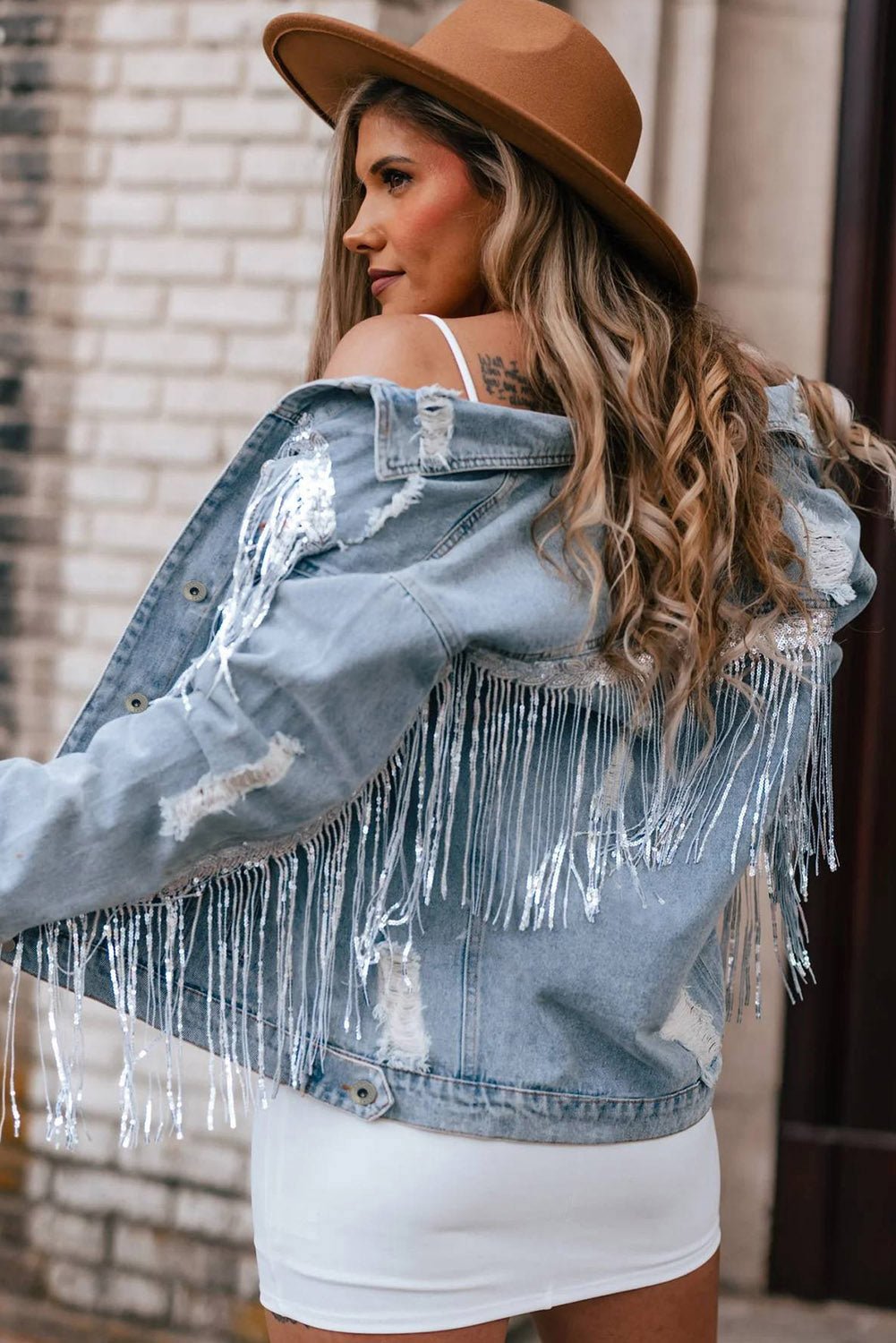 Sky Blue Sequin Embellished Fringe Distressed Denim Jacket - Naughty Girl Essentials