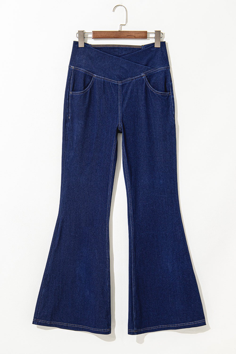 Dusk Blue Solid Crossed Waist High Elastic Fit Flare Knit Jeans - Naughty Girl Essentials