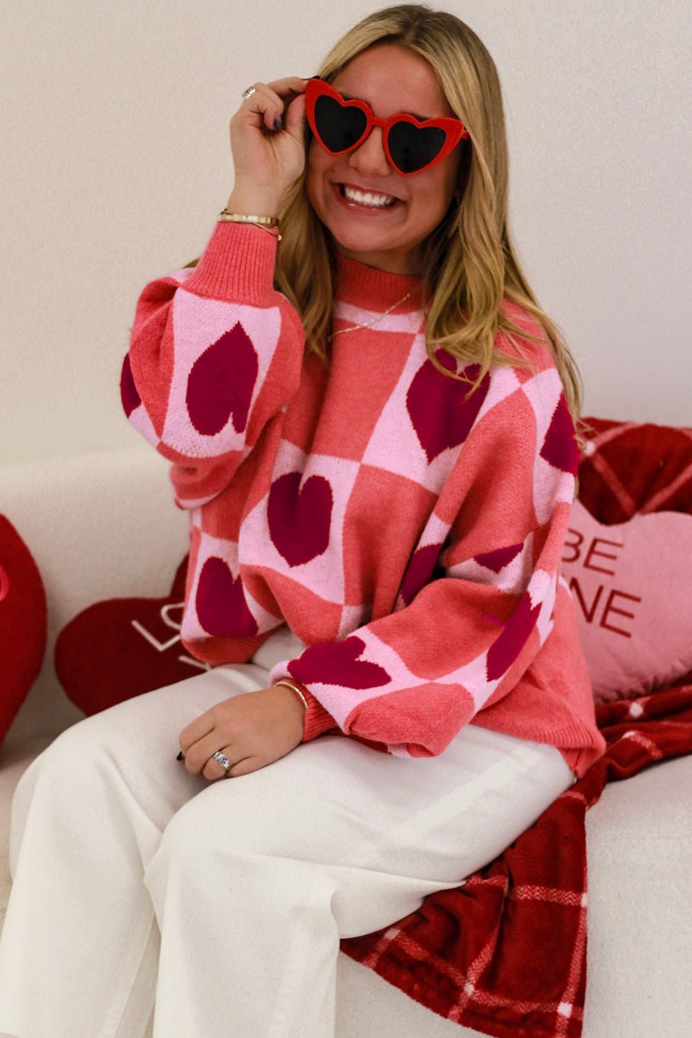 Pink Plus Size Love Heart Block Mock Neck Lantern Sleeve Valentine Sweater - Naughty Girl Essentials