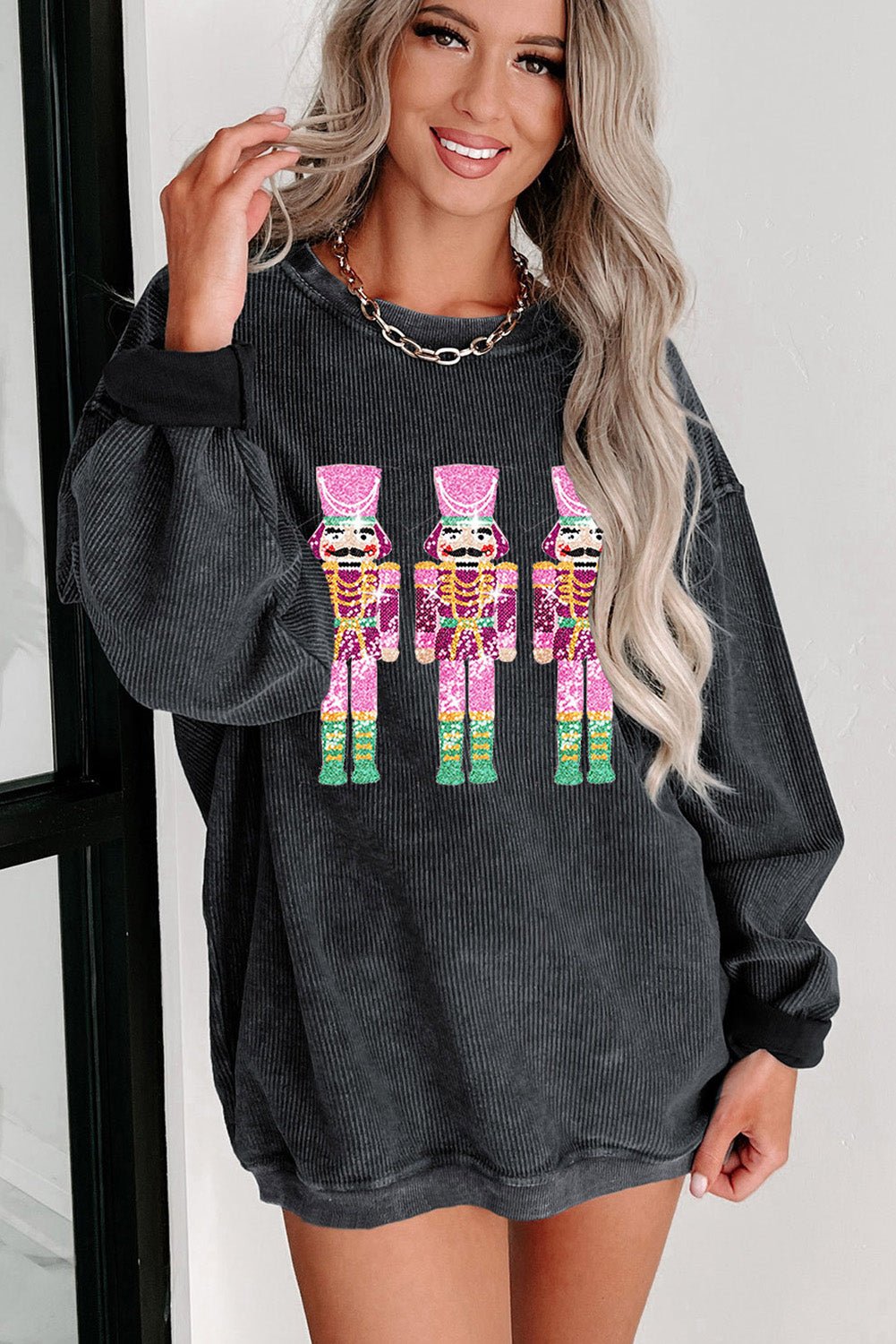 Black Christmas Sequined Nutcrackers Mineral Wash Corded Sweatshirt - Naughty Girl Essentials