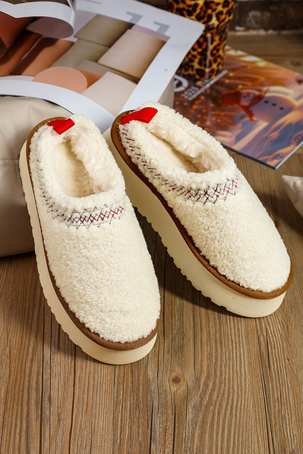 Chestnut Embroidered Sherpa Plush Thick Sole Snow Boots