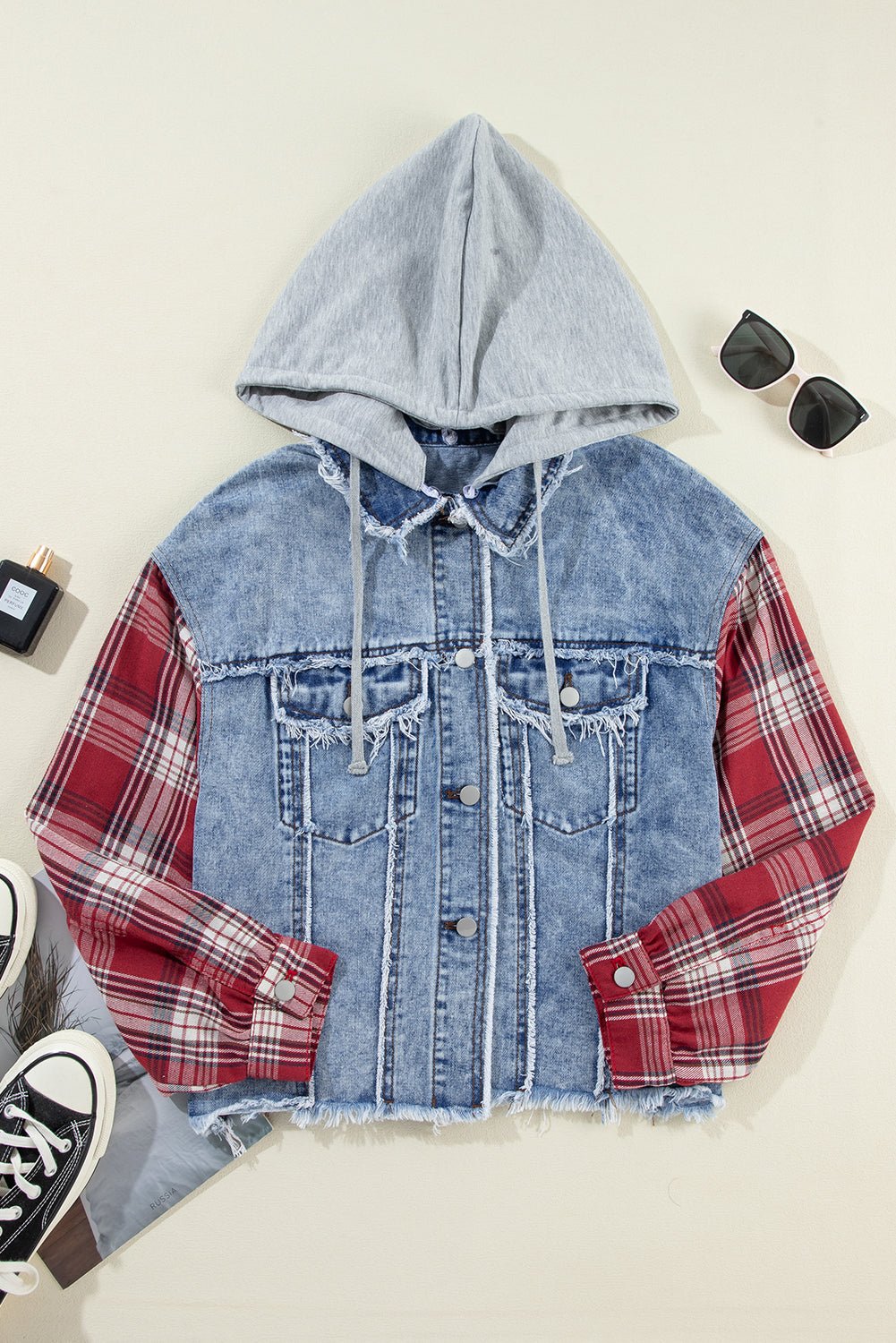 Beau Blue Plaid Print Patchwork Hooded Raw Hem Denim Jacket - Naughty Girl Essentials