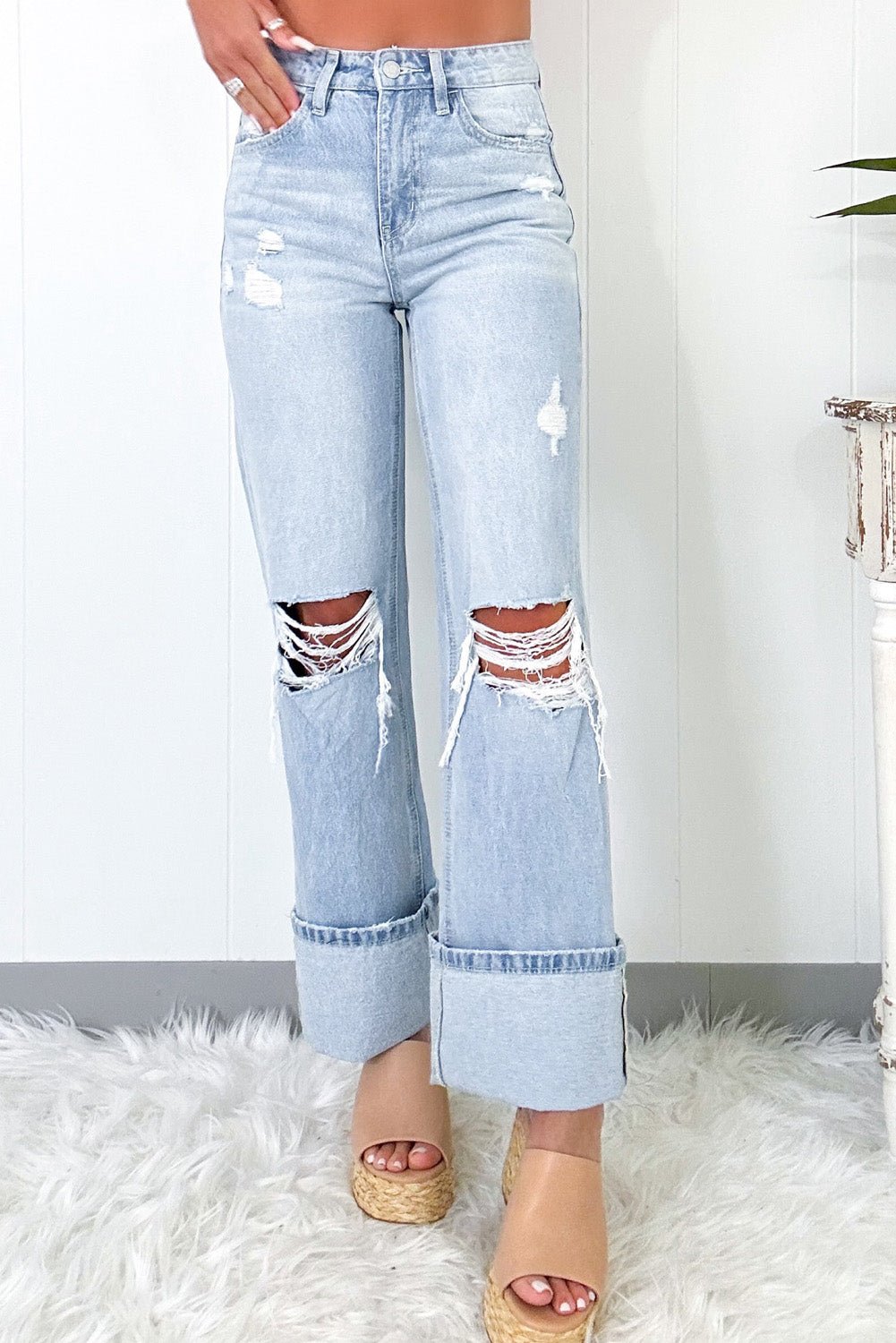 Beau Blue Light Wash Distressed Flare Jeans - Naughty Girl Essentials