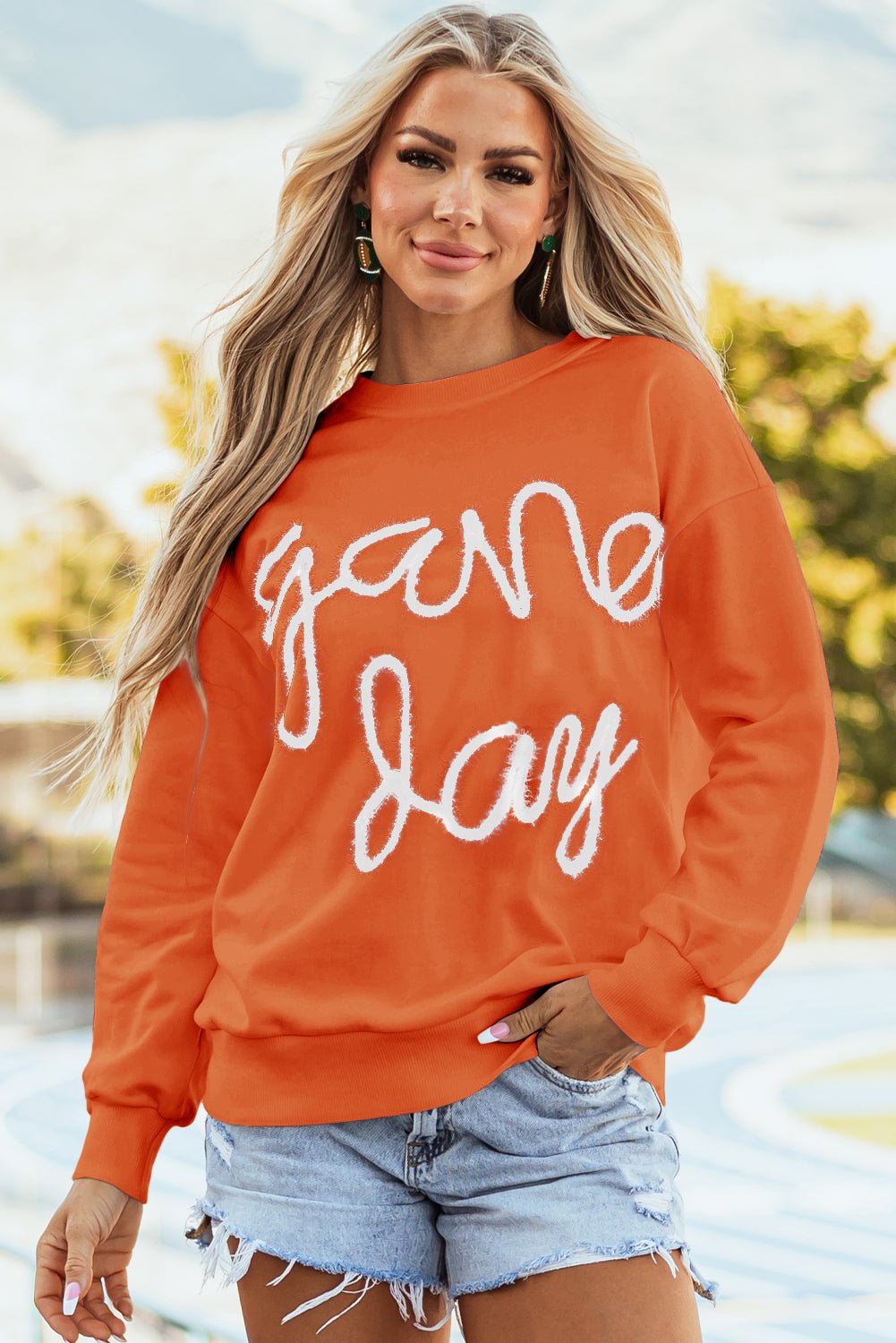 Russet Orange Tinsel Game Day Drop Shoulder Graphic Sweatshirt - Naughty Girl Essentials