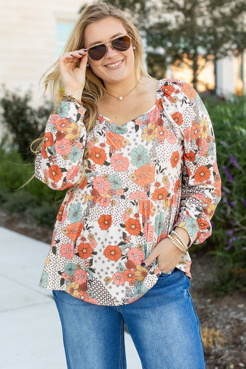 Khaki Plus Size Flower Print Square Neck Peplum Blouse - Naughty Girl Essentials