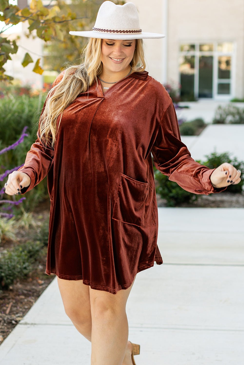Coffee Plus Size V Neck Collared Pleated Back Rounded Hem Velvet Dress - Naughty Girl Essentials