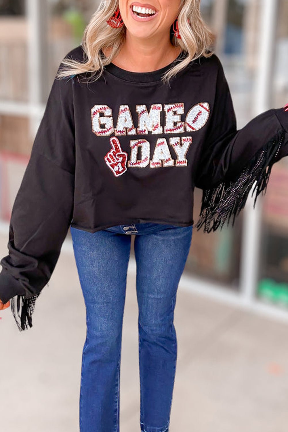 Black GAME DAY Rugby Sequined Tasseled Cropped Sweatshirt - Naughty Girl Essentials
