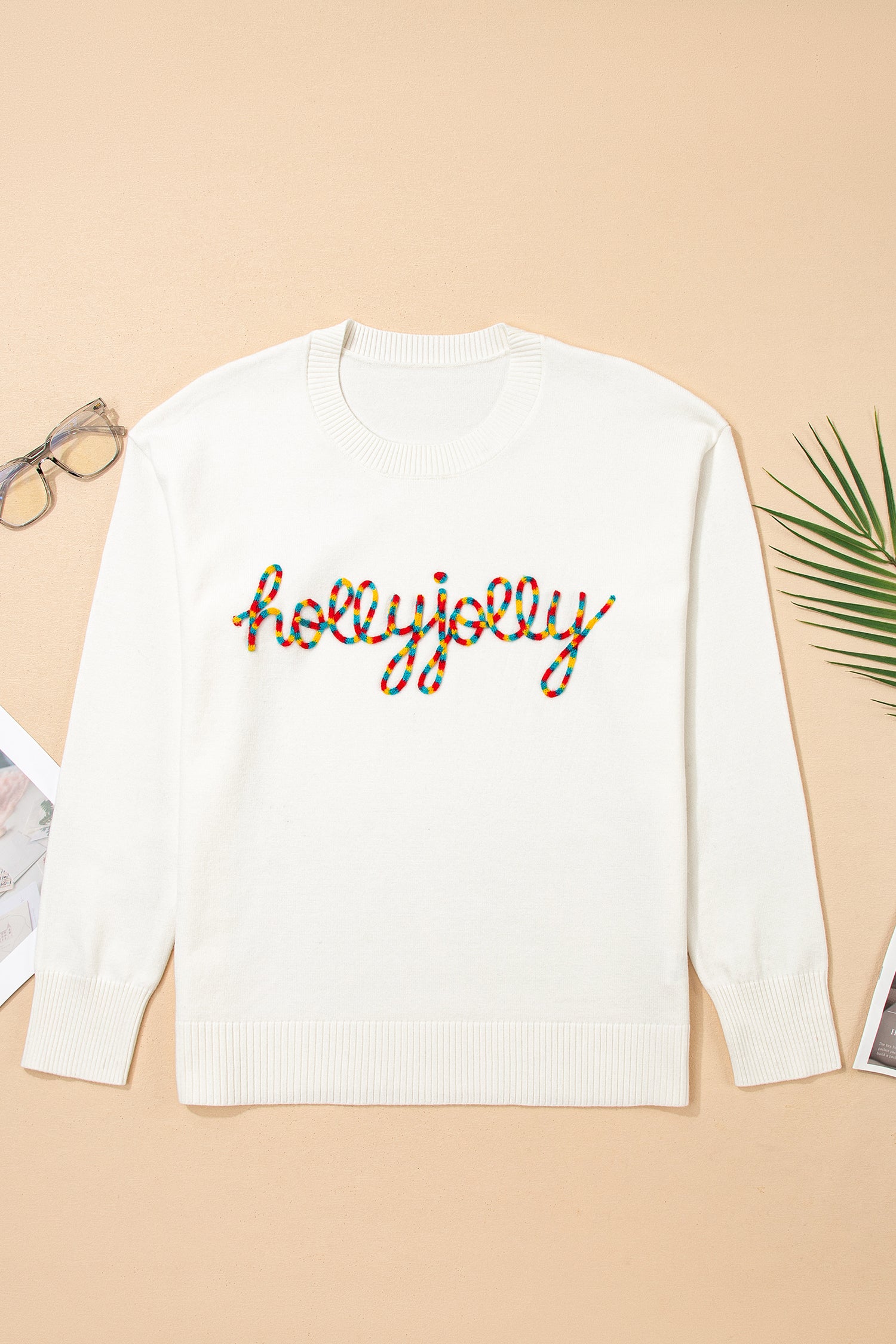 Beige Colorful “Holly Jolly Christmas” Knit Loose Sweater
