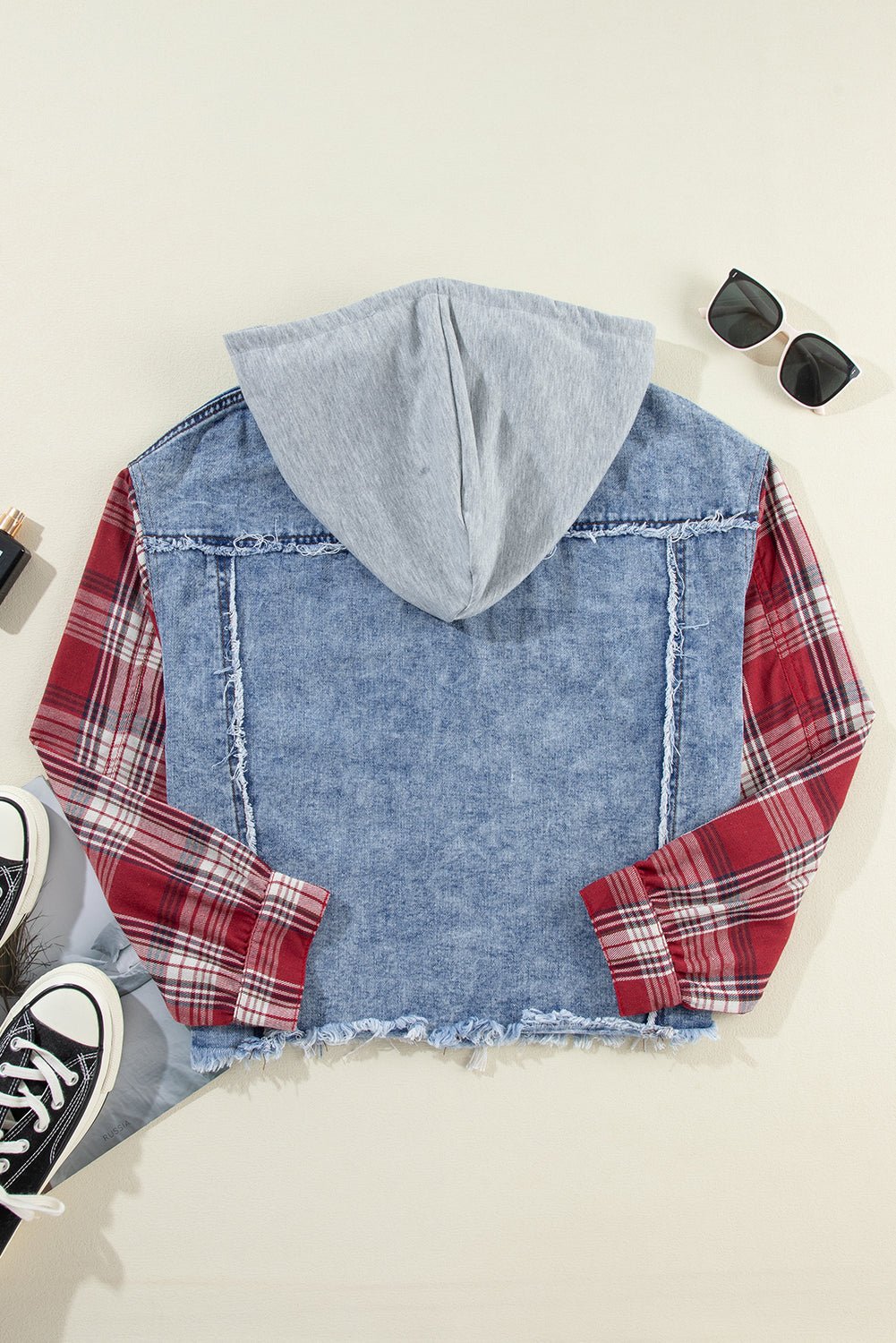 Beau Blue Plaid Print Patchwork Hooded Raw Hem Denim Jacket - Naughty Girl Essentials