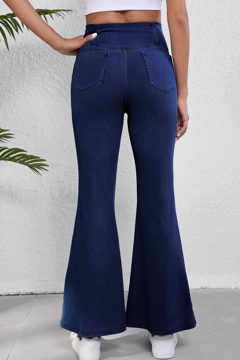 Dusk Blue Solid Crossed Waist High Elastic Fit Flare Knit Jeans - Naughty Girl Essentials