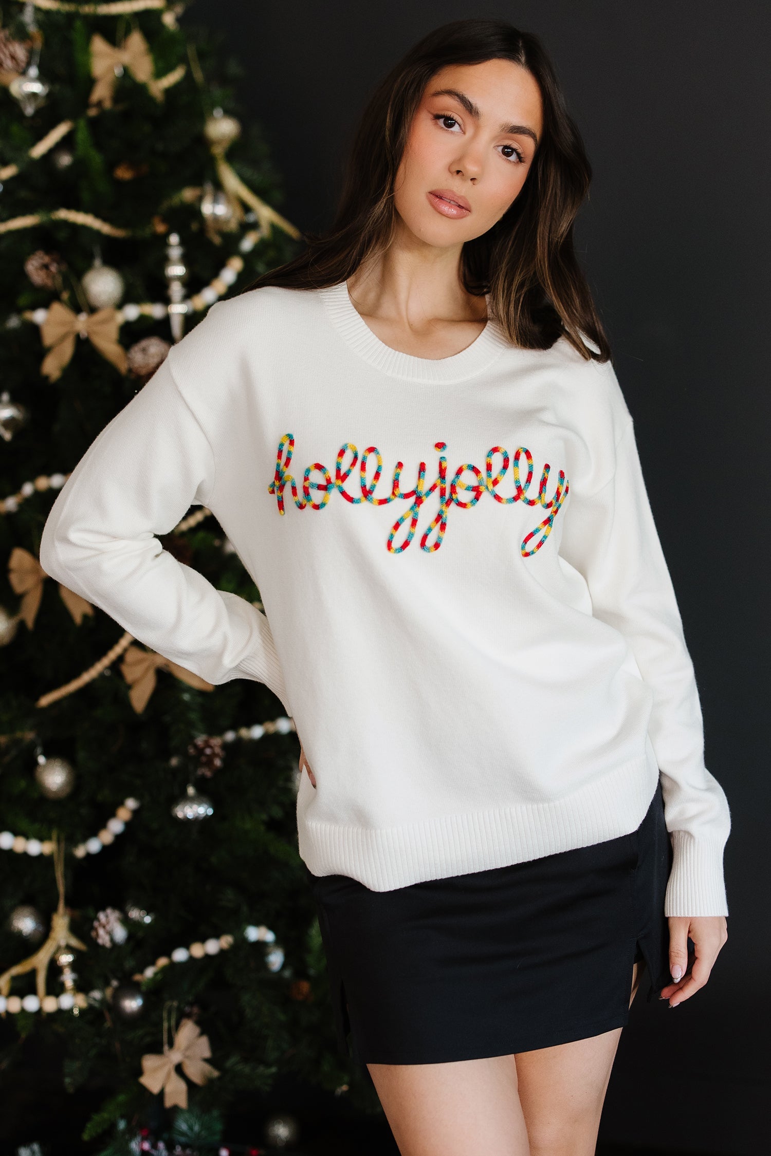 Beige Colorful “Holly Jolly Christmas” Knit Loose Sweater
