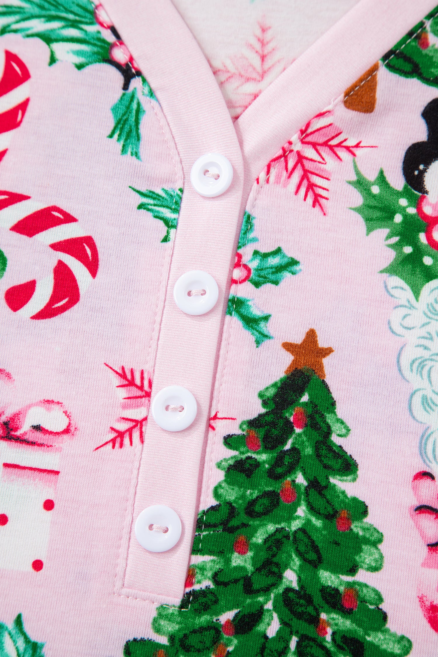 Pink Christmas Pattern Button V-Neck Pullover & Drawstring Pants Lounge Set – 2 Piece