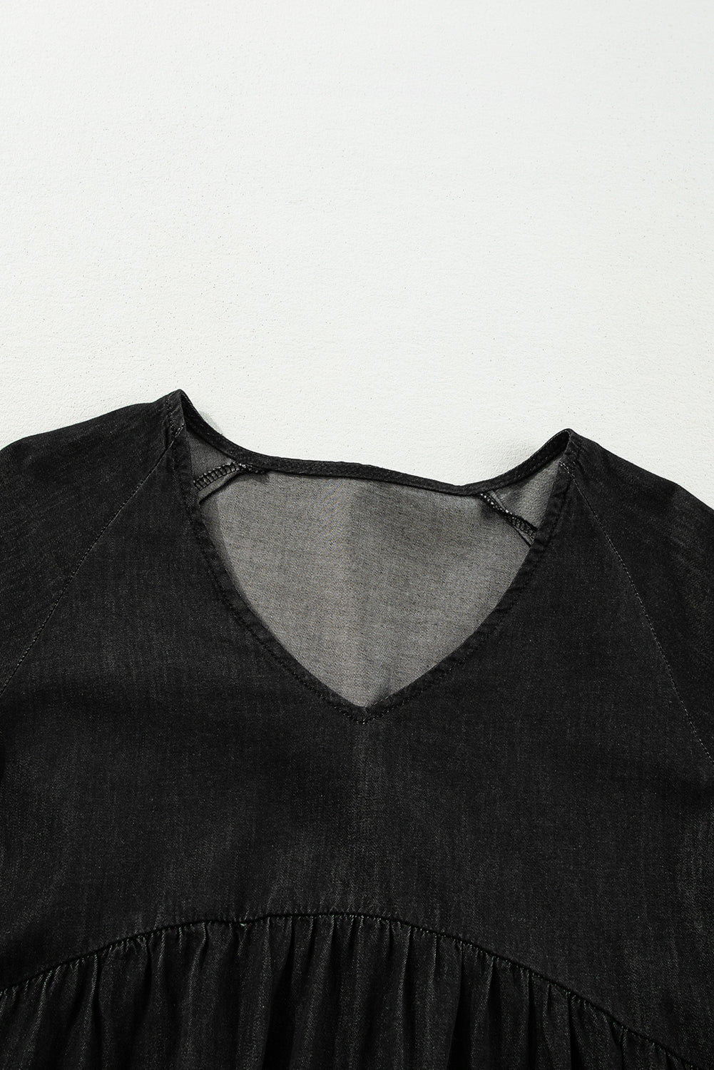 Black Puff Sleeve V Neck Tiered Ruffled Chambray Mini Dress - Naughty Girl Essentials