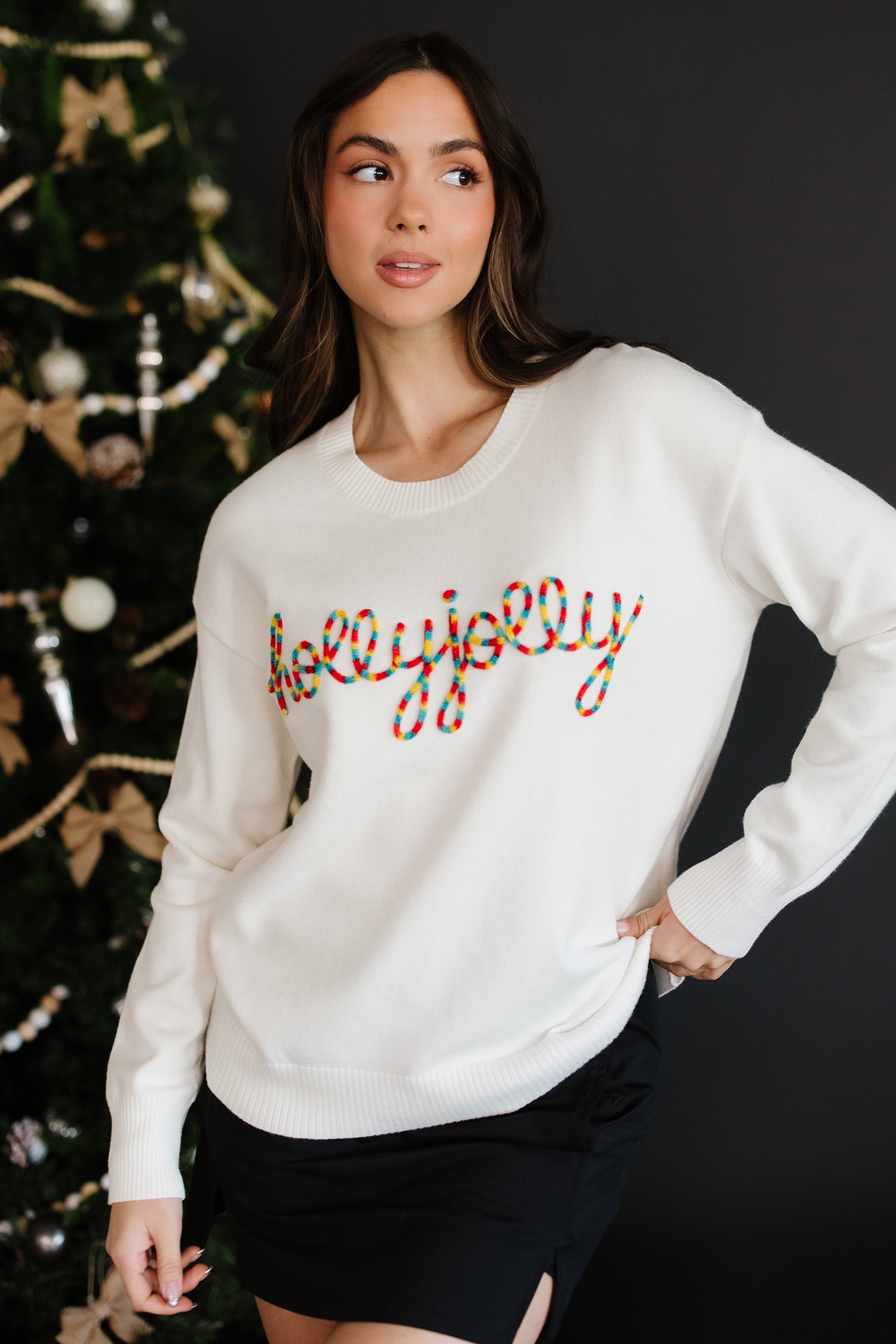 Beige Colorful “Holly Jolly Christmas” Knit Loose Sweater