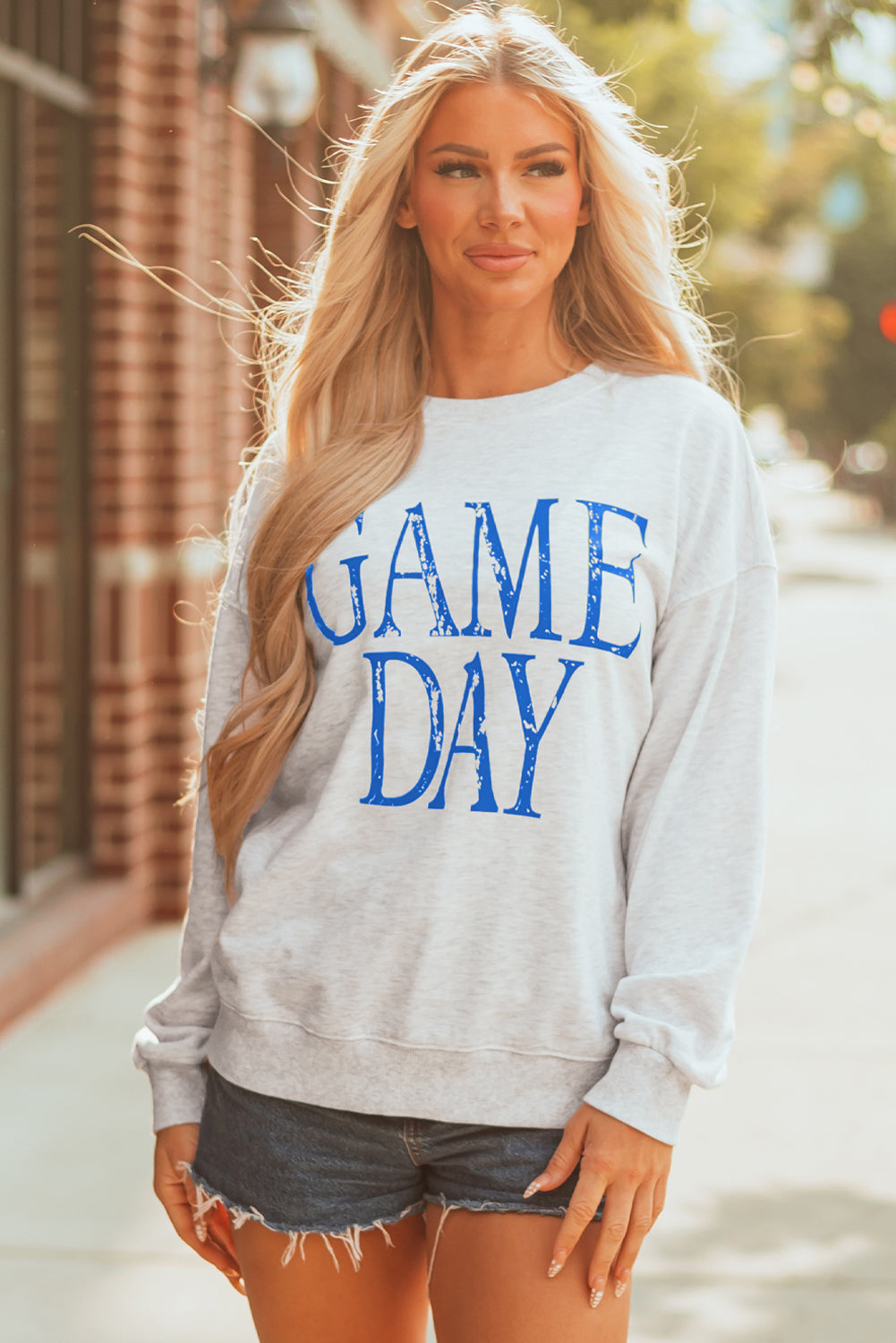 Blue Vintage Washed GAME DAY Graphic Baggy Sweatshirt