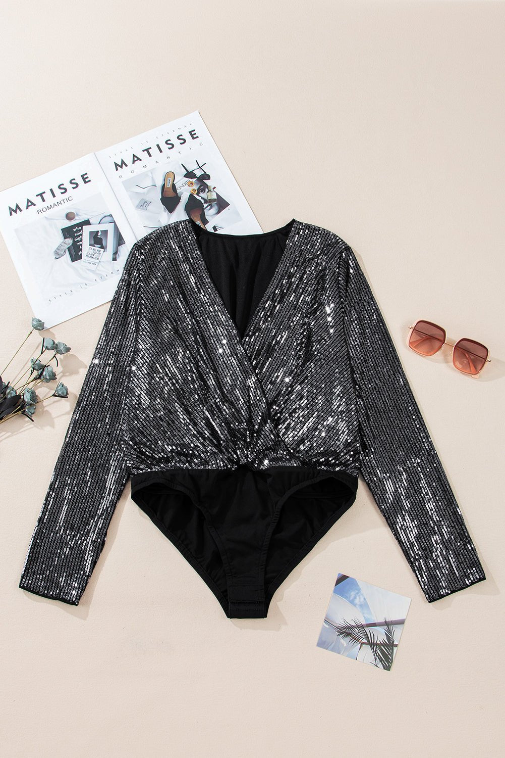 Black Sequin Mesh Long Sleeve Surplice Neck Bodysuit - Naughty Girl Essentials