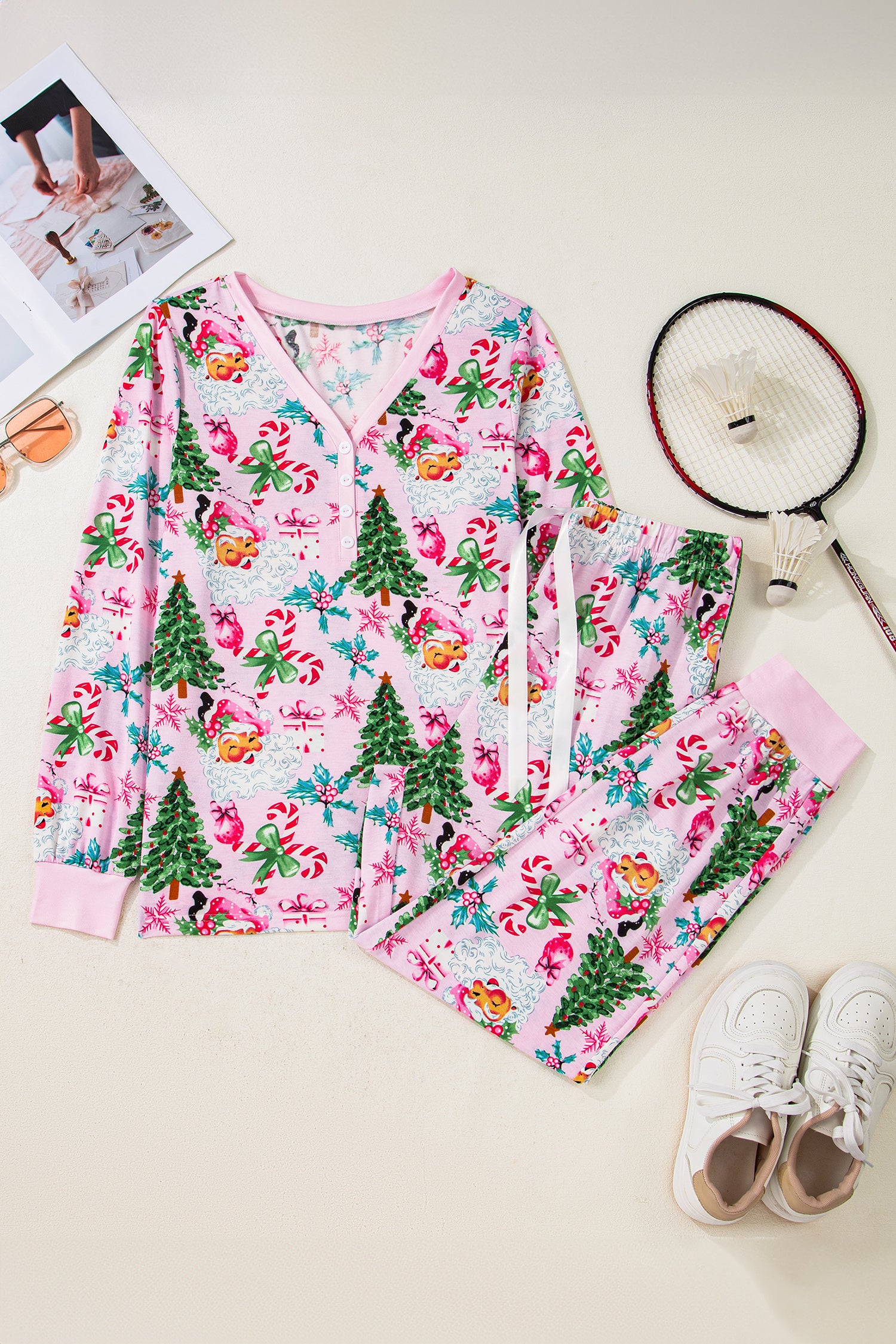 Pink Christmas Pattern Button V-Neck Pullover & Drawstring Pants Lounge Set – 2 Piece
