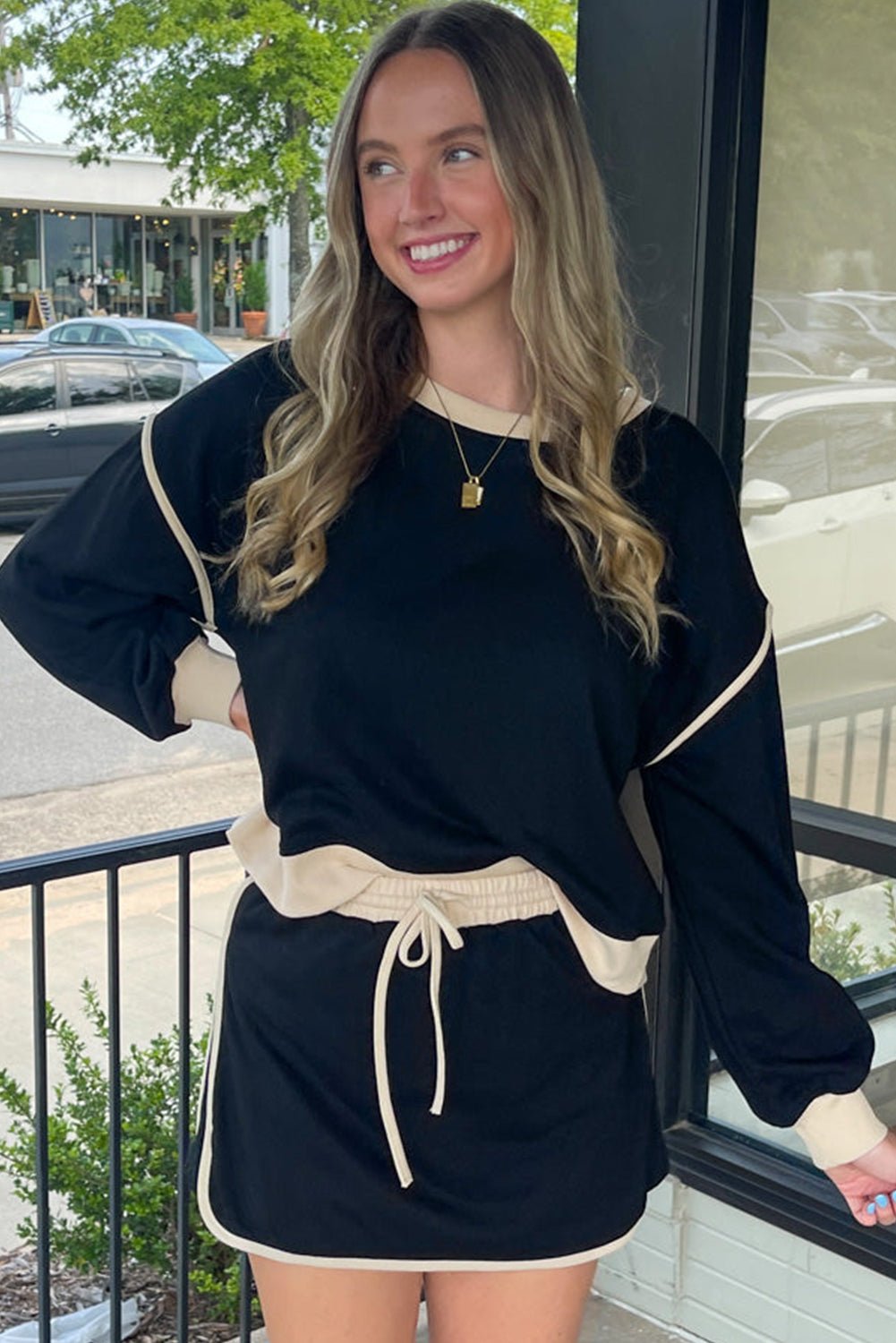 Black Color Contrast Loose Pullover and Lace - up Waist Skort Set - Naughty Girl Essentials