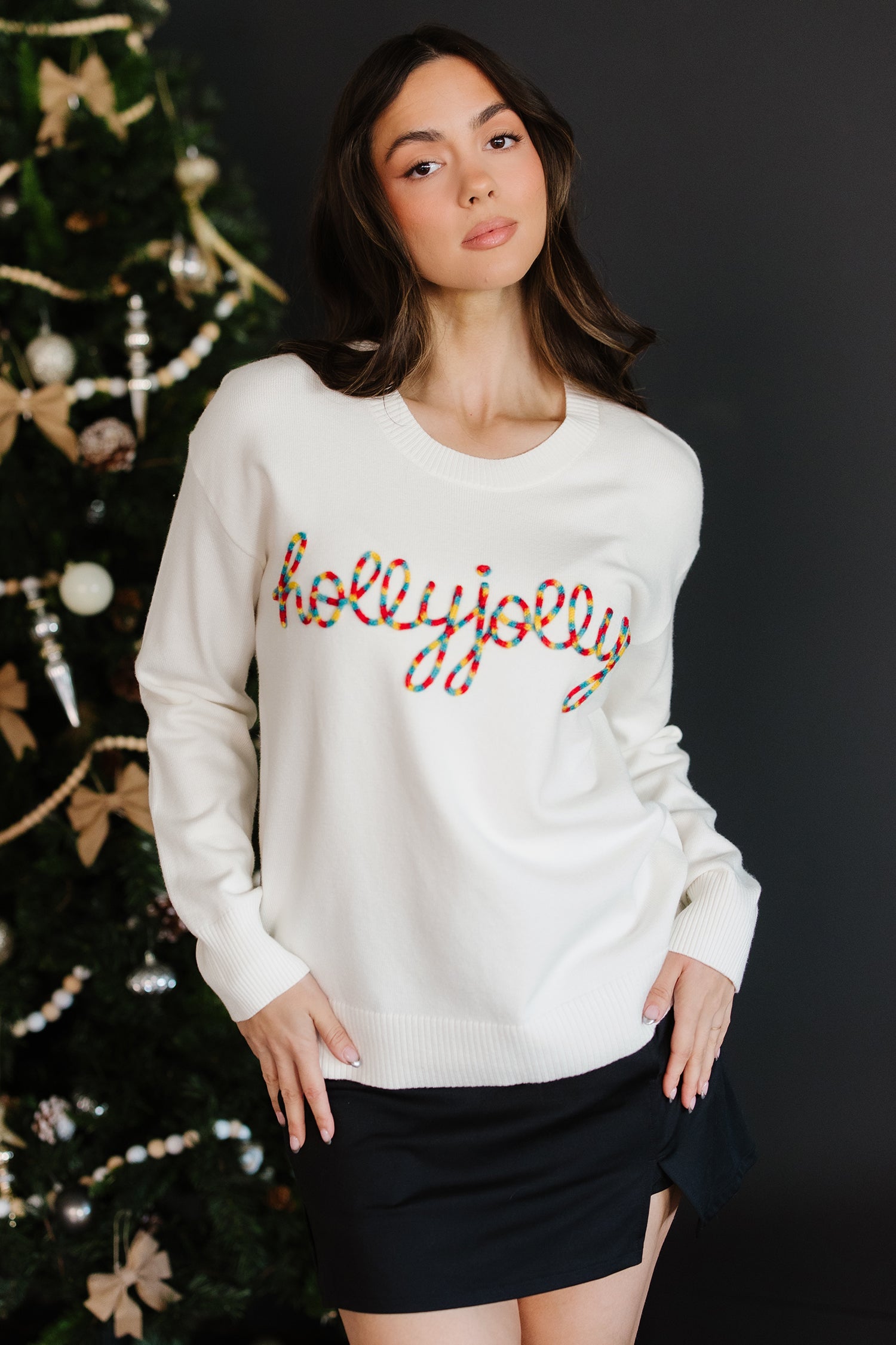 Beige Colorful “Holly Jolly Christmas” Knit Loose Sweater