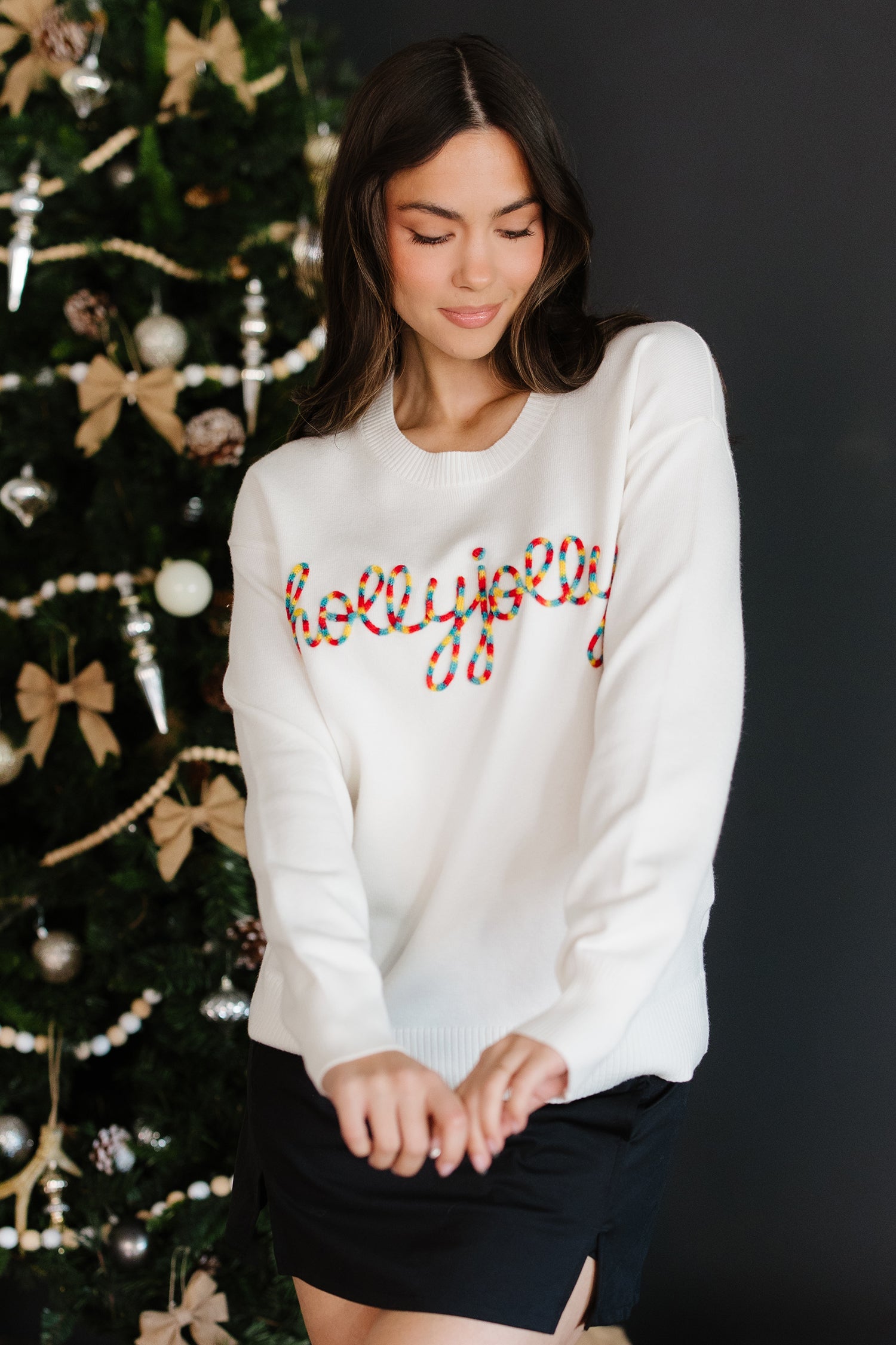 Beige Colorful “Holly Jolly Christmas” Knit Loose Sweater