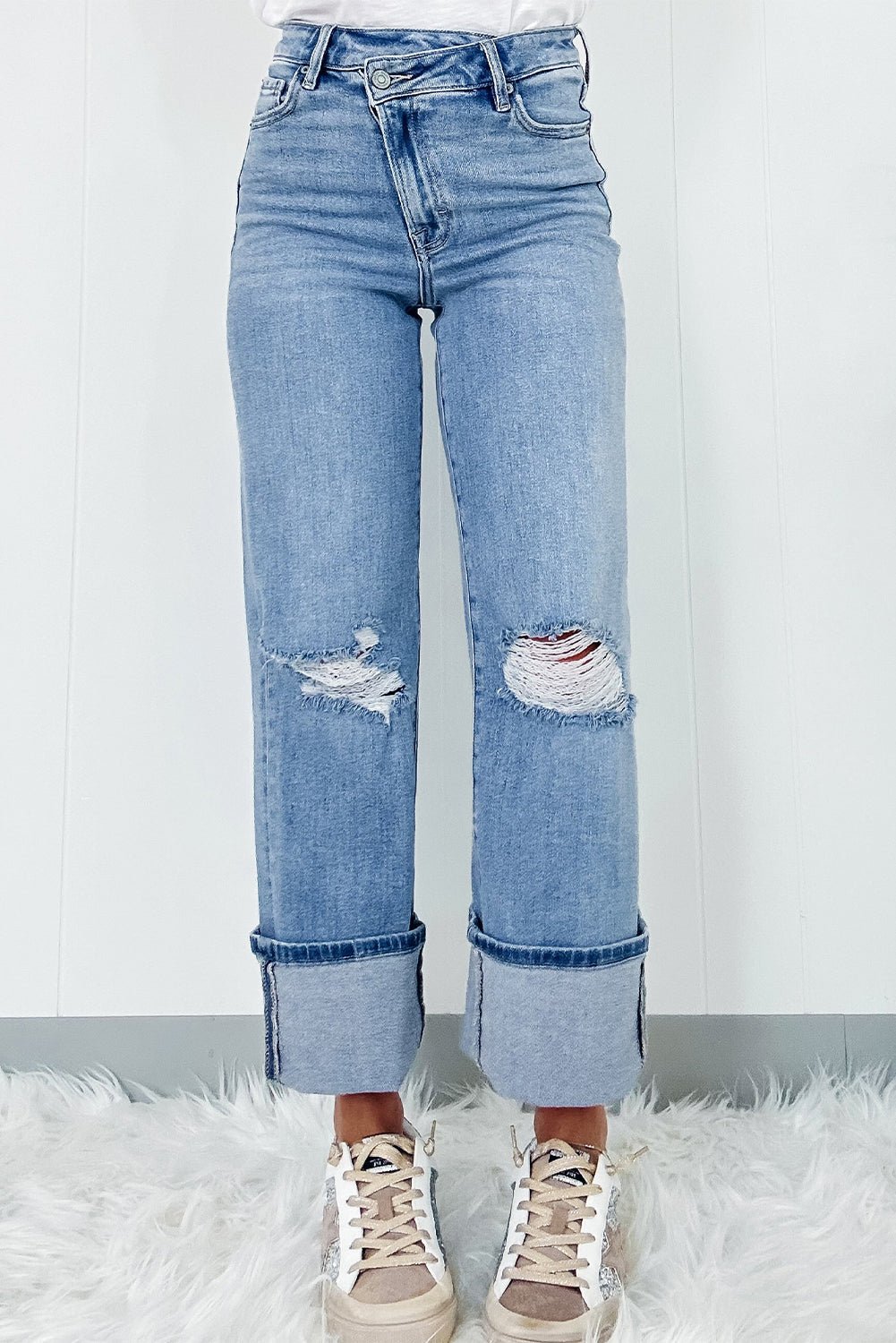 Dusk Blue High Rise Asymmetric Button Zip Fly Ripped Jeans - Naughty Girl Essentials