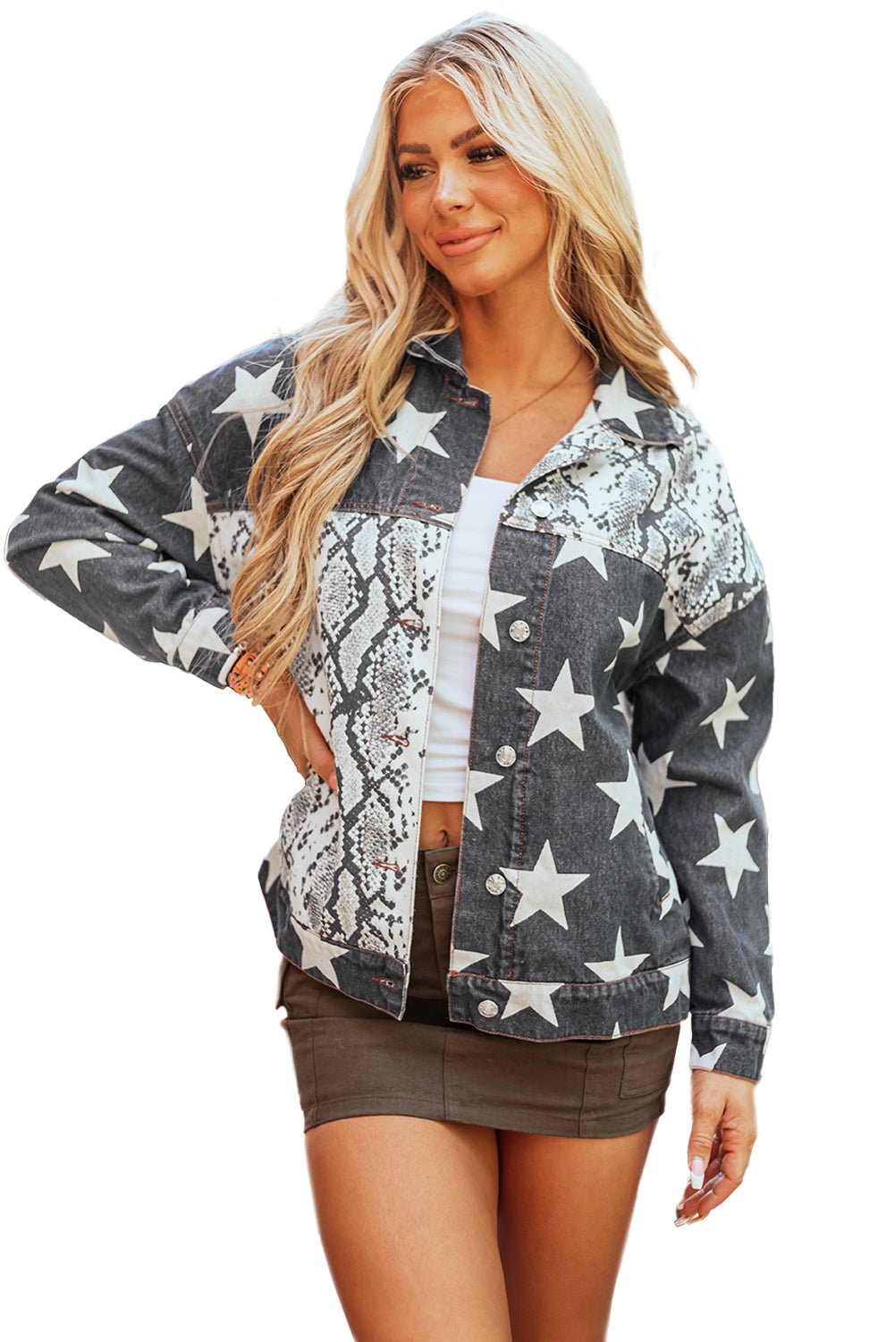 Black Star Snakeskin Printed Patchwork Denim Jacket - Naughty Girl Essentials