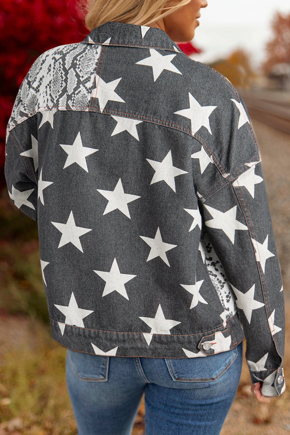 Black Star Snakeskin Printed Patchwork Denim Jacket - Naughty Girl Essentials