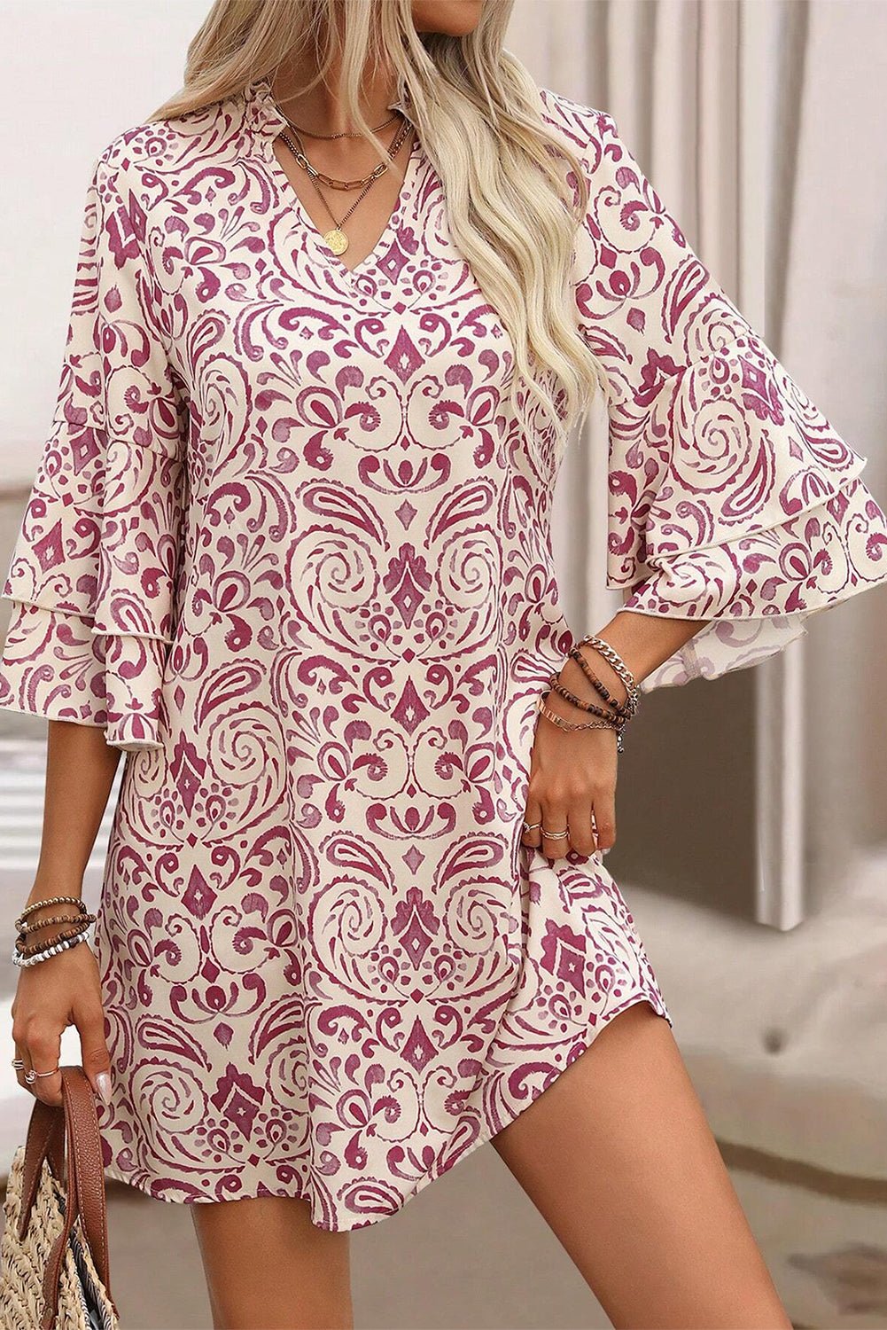 Pink Paisley Print Tiered 3/4 Sleeve Notched Neck Mini Dress - Naughty Girl Essentials