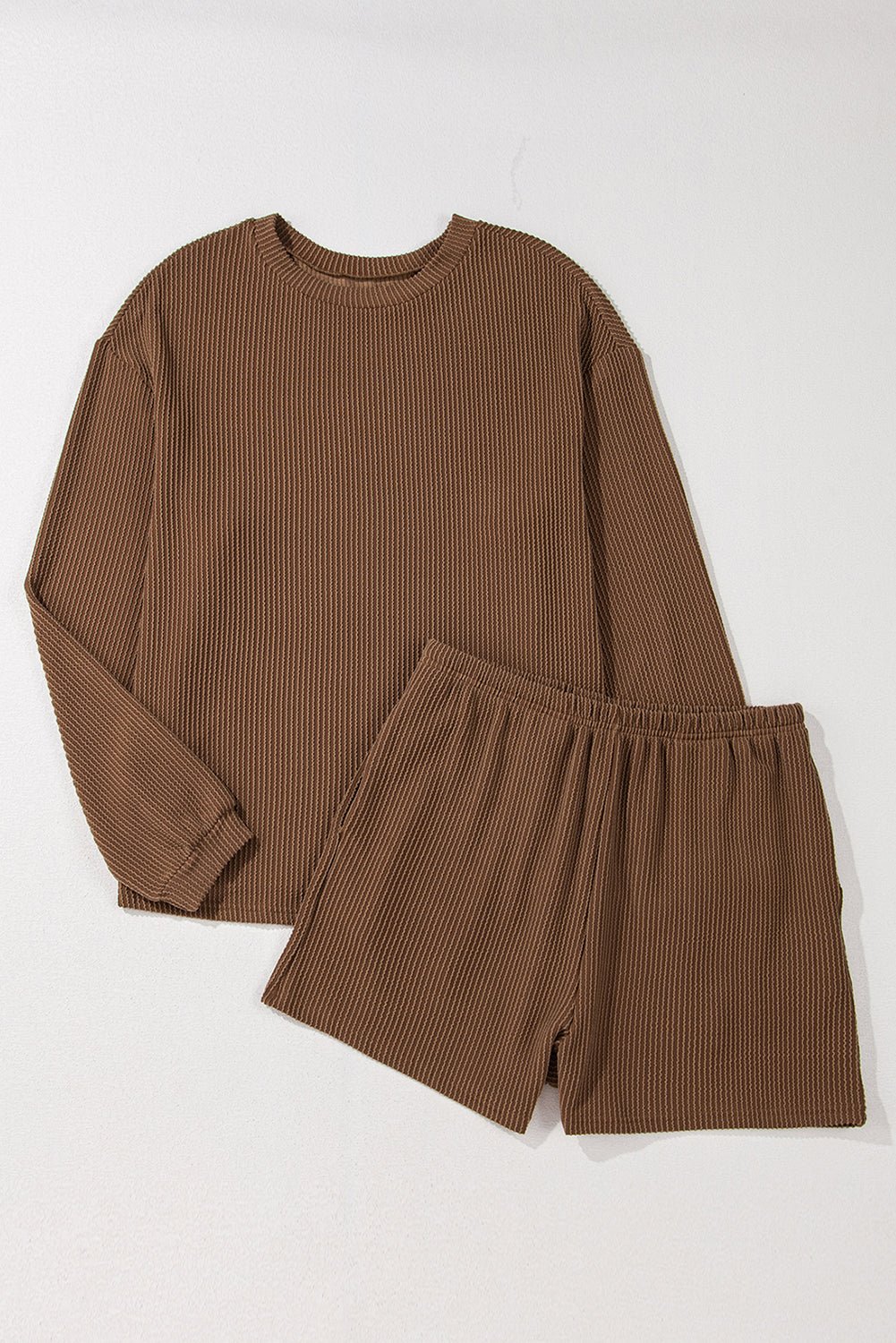 Chestnut Corded Knit Long Sleeve Top and High Waist Shorts Set - Naughty Girl Essentials